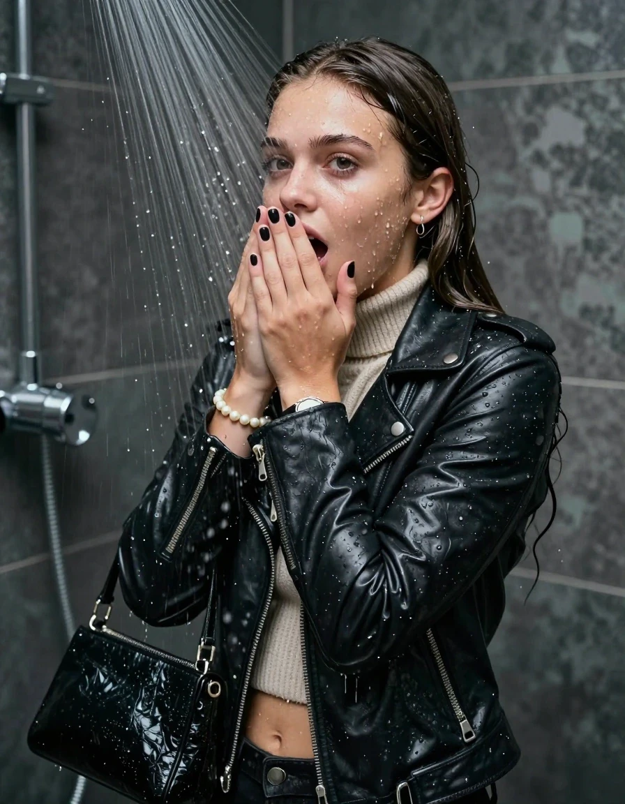 photo of young woman, in soaking wet, drenched clothes,
, , biker leatherjacket, knit turtleneck sweater belly free, handbag, pearl necklace, bracelet, wristwatch, black nails, kneeki, Back view: Under the shower, strong jet of water, party shower, 
enjoying, wet clothes stuck to body,
detailed textures of the wet clothes, wet face, wet plastered hair,
wet, drenched, professional, high-quality details, full body view.
sharp focus, ultra-high pixel detail, realistic, high-quality, full colors, incredibly detailed, 4k, 8k, 16k, hyper-realistic, RAW photo, masterpiece, ultra-detailed, professionally color graded, professional photograph, sleek long straight hair

 15 years old  teenage girl

Only head and shoulders are over the surface visible. Looking slightly away, eyes look at camera. The water splashes directly into her face. Hold her hands over her mouth.  open mouth, big eyes.

The girls wear different clothes.

she is completely underwater up to her neck, shocked and embarrassed expression. 

her clothing is soaking wet and clinging tightly to her skin, showing heavy wet folds, darkened fabric texture, and deep water-saturated Patches, her clothes are heavy from the water, water runs from her body and her clothes in streams. A lot of water also runs out of her clothes. Her clothes are darkened by the water. Her submerged clothes are good visible under the water.  she soaked her handbag into the water.

close up view, wet skin, wet clothes, wet hair, damp fabric, water runs down the clothes, wet skin, wet clothes, damp fabric. cinematic medium shot, hyper-realistic wetness, high-contrast water sheen, sharp focus, 16k resolution, professional photography, realistic water physics., wet skin, wet clothes, damp fabric, wet skin, wet clothes, damp fabric, wet skin, wet clothes, damp fabric