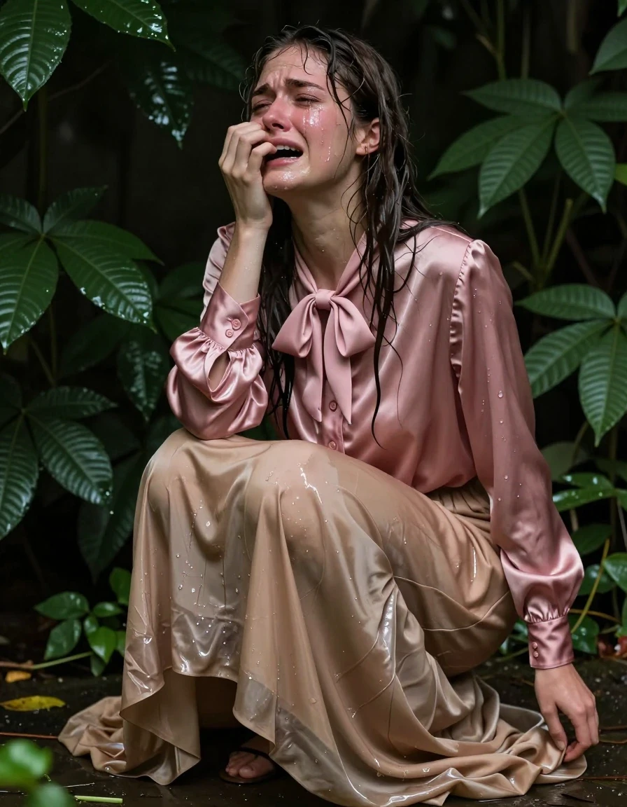 A young adult European woman crouching deep within a lush, dark green garden bush, her expression caught in a raw, intense moment of crying while orgasming, tears streaming down her flushed cheeks. She is wearing a pink satin long-sleeved oversized buttoned-down blouse with a large, delicate pussy bow at the neck, and a voluminous beige floor-length excessively long silk skirt layered over multiple petticoats. The fabric of the blouse and skirt is visibly soaking wet, clinging to her skin with heavy, dark, water-saturated patches and deep, liquid-heavy folds that shimmer with intense glossy specular reflections. Her hair is matted and wet, plastered against her neck and shoulders. She wears simple sandals on her feet. The scene is captured with a high-detail photographic aesthetic, emphasizing the weight and texture of the drenched silk and satin, with dramatic, moody lighting filtering through the leaves to illuminate the glistening wetness on her skin and clothing, 8k resolution, hyper-realistic textures, cinematic composition.