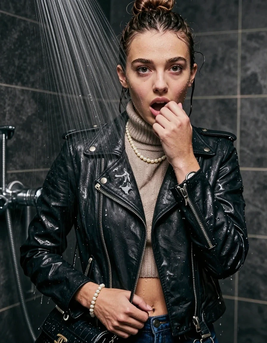 photo of young woman, in soaking wet, drenched clothes,
, , Biker leatherjacket, knit turtleneck sweater belly free, handbag, pearl necklace, bracelet, wristwatch, Under the shower, strong jet of water, party room, 
enjoying, wet clothes stuck to body,
detailed textures of the wet clothes, wet face, wet plastered hair,
wet, drenched, professional, high-quality details, full body view.
sharp focus, ultra-high pixel detail, realistic, high-quality, full colors, incredibly detailed, 4k, 8k, 16k, hyper-realistic, RAW photo, masterpiece, ultra-detailed, professionally color graded, professional photograph, topknot

 15 years old  teenage girl

Only head and shoulders are over the surface visible. Looking at camera. Hold her hand on her mouth.

The girls wear different clothes.

she is completely underwater up to her neck, afraid and astonished expression. 

her clothing is soaking wet and clinging tightly to her skin, showing heavy wet folds, darkened fabric texture, and deep water-saturated Patches, her clothes are heavy from the water, water runs from her body and her clothes in streams. A lot of water also runs out of her clothes. Her clothes are darkened by the water. Her submerged clothes are good visible under the water.  she soaked her handbag into the water.

close up view, wet skin, wet clothes, wet hair, damp fabric, water runs down the clothes, wet skin, wet clothes, damp fabric. cinematic medium shot, hyper-realistic wetness, high-contrast water sheen, sharp focus, 8k resolution, professional photography, realistic water physics., wet skin, wet clothes, damp fabric, wet skin, wet clothes, damp fabric