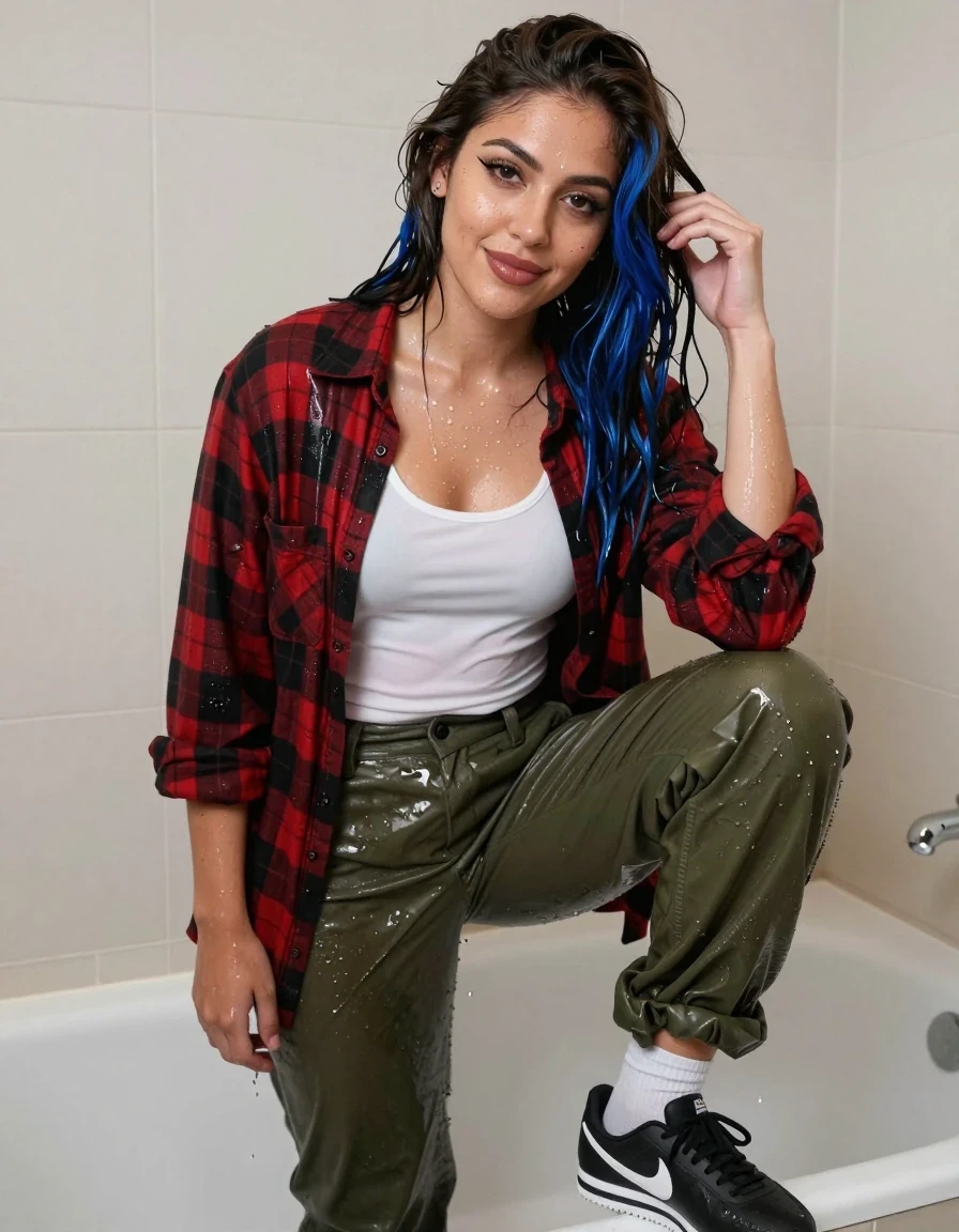 A raw, unedited phone video capture of a 26-year-old Mexican-American woman with warm tan skin and dark brown hair featuring a prominent cobalt blue streak, standing inside a bathtub in a residential bathroom. She is visibly soaking wet; her hair is matted and dark with water, her skin glistening with water sheen and droplets, and her clothing is heavy and saturated. She wears a white tank top under an open red and black flannel shirt, both clinging to her skin with dark, water-logged fabric patches. She wears baggy olive-green Dickies pants that are heavy with absorbed water, showing deep wet folds, darkened fabric texture, and glossy specular reflections on the seams and creases. She is wearing black Nike Cortez sneakers and white crew socks, both soaked through and dripping. Her makeup includes sharp winged eyeliner and dark lip liner with a nude lip, and her hands are stained with dark ink. She stands with one hand in her hair, looking directly into the camera with a half-smile that balances confidence and vulnerability. The lighting is natural bathroom lighting, capturing the raw, candid aesthetic of a mobile device recording, with high detail on the wet textures, fabric weight, and the direct, challenging gaze of the subject.