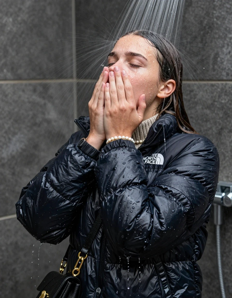 photo of young woman, in soaking wet, drenched clothes,
, , black nuptse north face puffer down jacket, knit turtleneck sweater belly free, handbag, pearl necklace, bracelet, wristwatch, Under the shower, strong jet of water, party shower, 
enjoying, wet clothes stuck to body,
detailed textures of the wet clothes, wet face, wet plastered hair,
wet, drenched, professional, high-quality details, full body view.
sharp focus, ultra-high pixel detail, realistic, high-quality, full colors, incredibly detailed, 4k, 8k, 16k, hyper-realistic, RAW photo, masterpiece, ultra-detailed, professionally color graded, professional photograph, sleek long straight hair

 15 years old  teenage girl

Only head and shoulders are over the surface visible. Looking up. The water splashes directly into her face. Hold her hands over her face.  pressed mouth, closed eyes.

The girls wear different clothes.

she is completely underwater up to her neck, shocked and embarrassed expression. 

her clothing is soaking wet and clinging tightly to her skin, showing heavy wet folds, darkened fabric texture, and deep water-saturated Patches, her clothes are heavy from the water, water runs from her body and her clothes in streams. A lot of water also runs out of her clothes. Her clothes are darkened by the water. Her submerged clothes are good visible under the water.  she soaked her handbag into the water.

close up view, wet skin, wet clothes, wet hair, damp fabric, water runs down the clothes, wet skin, wet clothes, damp fabric. cinematic medium shot, hyper-realistic wetness, high-contrast water sheen, sharp focus, 8k resolution, professional photography, realistic water physics., wet skin, wet clothes, damp fabric, wet skin, wet clothes, damp fabric, wet skin, wet clothes, damp fabric