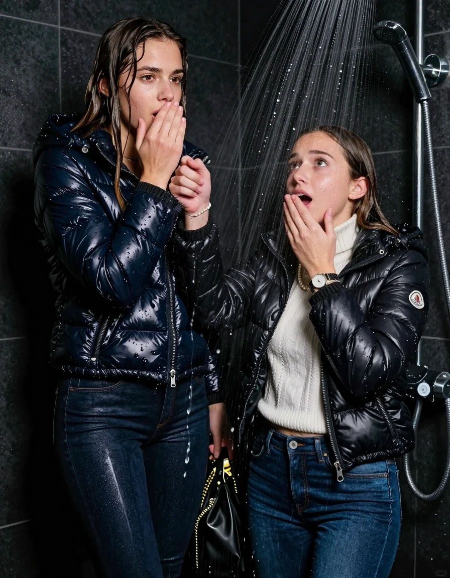 photo of young woman, in soaking wet, drenched clothes,
Heels, Tight Skinny jeans, Moncler shiny puffer down jacket , white knit turtleneck sweater belly free, handbag, pearl necklace, bracelet, wristwatch, Under the shower, strong jet of water, party room, 
enjoying, wet clothes stuck to body,
detailed textures of the wet clothes, wet face, wet plastered hair,
wet, drenched, professional, high-quality details, full body view.
sharp focus, ultra-high pixel detail, realistic, high-quality, full colors, incredibly detailed, 4k, 8k, 16k, hyper-realistic, RAW photo, masterpiece, ultra-detailed, professionally color graded, professional photograph, sleek long straight hair, wer plastered hair

 15-years-old teenage girl

 0ne hand over her mouth, hold with the other the female viewer's hand, pulling them toward the center of the water. 

Only head and shoulders are over the surface visible. Looking up. 

The girls wear different clothes.

she is completely underwater up to her neck, afraid and astonished expression. Slight smile.

her clothing is soaking wet and clinging tightly to her skin, showing heavy wet folds, darkened fabric texture, and deep water-saturated Patches, her clothes are heavy from the water, water runs from her body and her clothes in streams. A lot of water also runs out of her clothes. Her clothes are darkened by the water. Her submerged clothes are good visible under the water.  she soaked her handbag into the water.

close up view, wet skin, wet clothes, wet hair, damp fabric, water runs down the clothes, wet skin, wet clothes, damp fabric. cinematic medium shot, hyper-realistic wetness, high-contrast water sheen, sharp focus, 16k resolution, professional photography, realistic water physics., wet skin, wet clothes, damp fabric, wet skin, wet clothes, damp fabric, wet skin, wet clothes, damp fabric