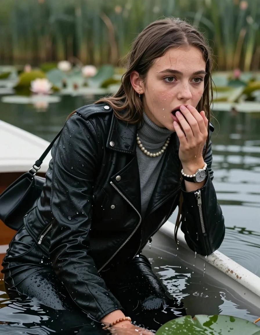 photo of young woman, in soaking wet, drenched clothes,
, , Black Biker leatherjacket, tight knit turtleneck sweater belly free, shoulderbag, pearl necklace, bracelet, wristwatch, sink in a lake with water lilies and reeds, 
enjoying, wet clothes stuck to body,
detailed textures of the wet clothes, wet face, wet plastered hair,
wet, drenched, professional, high-quality details, full body view.
sharp focus, ultra-high pixel detail, realistic, high-quality, full colors, incredibly detailed, 4k, 8k, 16k, hyper-realistic, RAW photo, masterpiece, ultra-detailed, professionally color graded, professional photograph, sleek long straight hair

15 years old  teenage girls

Only head and shoulders are over the surface visible. Open mouth, big eyes. hold a hand on her mouth. leaning forward, lay her breast on the surface and tries to swim to the boat.

The girls wear different clothes.

she is completely underwater up to her neck, afraid and astonished expression. 

her clothing is soaking wet and clinging tightly to her skin, showing heavy wet folds, darkened fabric texture, and deep water-saturated Patches, her clothes are heavy from the water, water runs from her body and her clothes in streams. A lot of water also runs out of her clothes. Her clothes are darkened by the water. Her submerged clothes are good visible under the water.  she soaked her handbag into the water.

close up view, zoom in, wet skin, wet clothes, wet hair, damp fabric, water runs down the clothes, wet skin, wet clothes, damp fabric. cinematic medium shot, hyper-realistic wetness, high-contrast water sheen, sharp focus, 16k resolution, professional photography, realistic water physics., wet skin, wet clothes, damp fabric, wet skin, wet clothes, damp fabric, wet skin, wet clothes, damp fabric