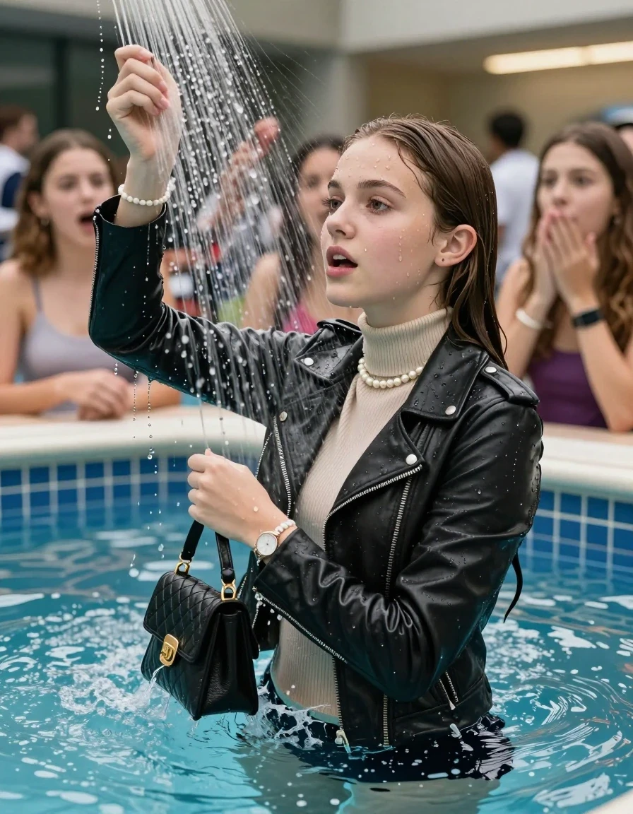 photo of young woman, in soaking wet, drenched clothes,
, , Biker leatherjacket, Tight knit turtleneck sweater belly free, handbag, pearl necklace, bracelet, wristwatch, playing Under the pool shower, strong jet of water, indoor swimming pool, pool party, her different clothed friends watching her shocked from the edge, 
enjoying, wet clothes stuck to body,
detailed textures of the wet clothes, wet face, wet plastered hair,
wet, drenched, professional, high-quality details, full body view.
sharp focus, ultra-high pixel detail, realistic, high-quality, full colors, incredibly detailed, 4k, 8k, 16k, hyper-realistic, RAW photo, masterpiece, ultra-detailed, professionally color graded, professional photograph, sleek long straight hair

Two 15 years old  teenage girl

Only head and shoulders are over the surface visible. 

The girls wear different clothes.

she is completely underwater up to her neck, surprised and astonished expression. 

her submerged clothes are hardly vusible under water, she soaked her handbag into the water

close up view, wet skin, wet clothes, wet hair, damp fabric, water runs down the clothes, wet skin, wet clothes, damp fabric., wet skin, wet clothes, damp fabric, wet skin, wet clothes, damp fabric, wet skin, wet clothes, damp fabric, wet skin, wet clothes, damp fabric, wet skin, wet clothes, damp fabric, wet skin, wet clothes, damp fabric, wet skin, wet clothes, damp fabric, wet skin, wet clothes, damp fabric, wet skin, wet clothes, damp fabric