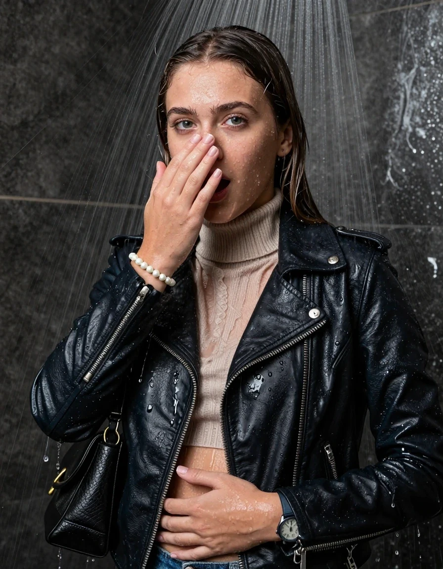 photo of young woman, in soaking wet, drenched clothes,
, , Biker leatherjacket, knit turtleneck sweater belly free, handbag, pearl necklace, bracelet, wristwatch, Under the shower, strong jet of water, party shower, 
enjoying, wet clothes stuck to body,
detailed textures of the wet clothes, wet face, wet plastered hair,
wet, drenched, professional, high-quality details, full body view.
sharp focus, ultra-high pixel detail, realistic, high-quality, full colors, incredibly detailed, 4k, 8k, 16k, hyper-realistic, RAW photo, masterpiece, ultra-detailed, professionally color graded, professional photograph, sleek long straight hair

 15 years old  teenage girl

Only head and shoulders are over the surface visible. Looking at camera. Hold her hand in front of her nose. open mouth.

The girls wear different clothes.

she is completely underwater up to her neck, shocked and embarrassed expression. 

her clothing is soaking wet and clinging tightly to her skin, showing heavy wet folds, darkened fabric texture, and deep water-saturated Patches, her clothes are heavy from the water, water runs from her body and her clothes in streams. A lot of water also runs out of her clothes. Her clothes are darkened by the water. Her submerged clothes are good visible under the water.  she soaked her handbag into the water.

close up view, wet skin, wet clothes, wet hair, damp fabric, water runs down the clothes, wet skin, wet clothes, damp fabric. cinematic medium shot, hyper-realistic wetness, high-contrast water sheen, sharp focus, 8k resolution, professional photography, realistic water physics., wet skin, wet clothes, damp fabric, wet skin, wet clothes, damp fabric, wet skin, wet clothes, damp fabric