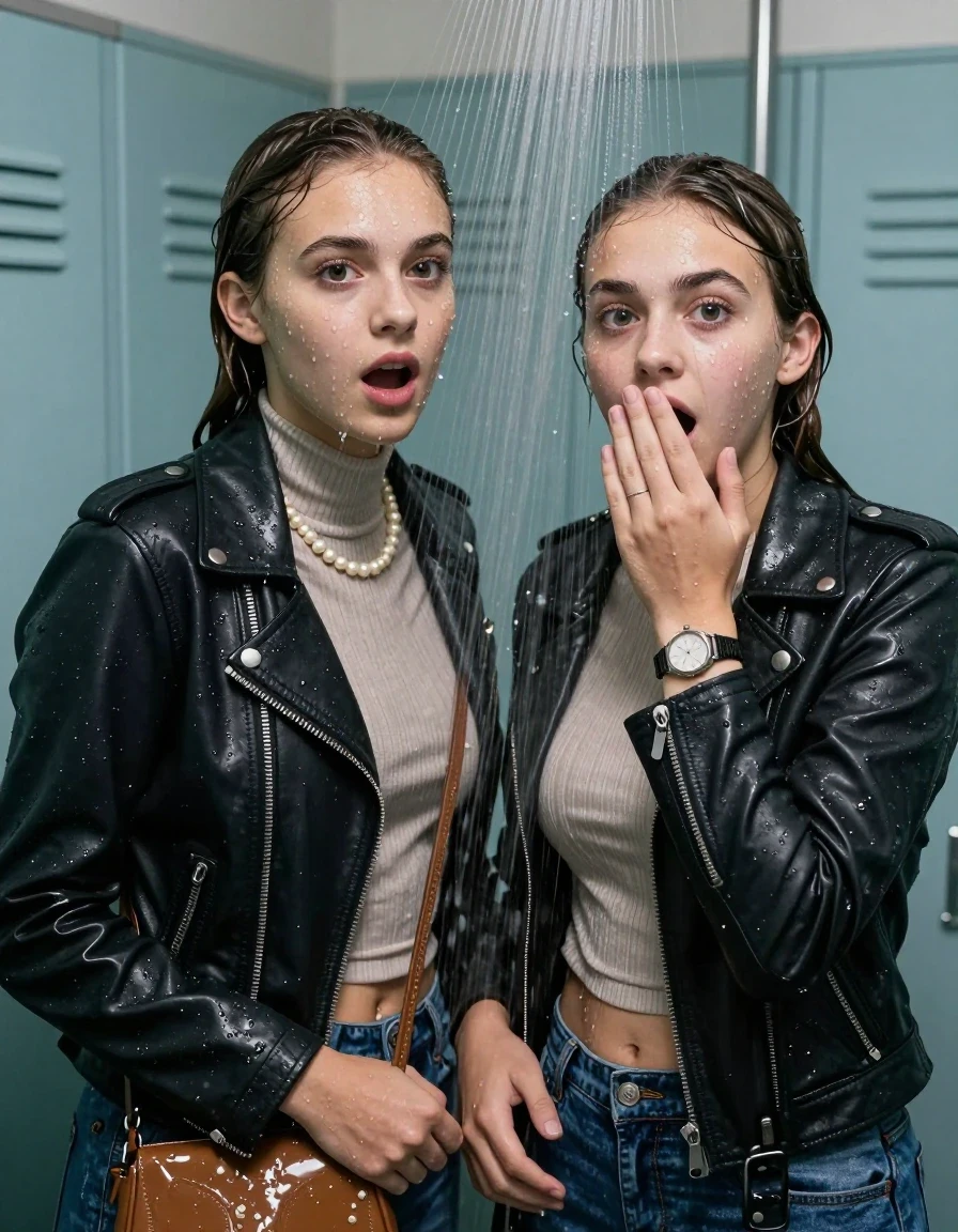 photo of young woman, in soaking wet, drenched clothes,
, , Biker leatherjacket, Tight knit turtleneck sweater belly free, handbag, pearl necklace, bracelet, wristwatch, Under the shower, strong jet of water, lokker room, 
enjoying, wet clothes stuck to body,
detailed textures of the wet clothes, wet face, wet plastered hair,
wet, drenched, professional, high-quality details, full body view.
sharp focus, ultra-high pixel detail, realistic, high-quality, full colors, incredibly detailed, 4k, 8k, 16k, hyper-realistic, RAW photo, masterpiece, ultra-detailed, professionally color graded, professional photograph, sleek long twisted ponytail

Two 15 years old  teenage girl

Only head and shoulders are over the surface visible. Open mouth, big eyes. Looking at camera. Hold her hand over her mouth.

The girls wear different clothes.

she is completely underwater up to her neck, surprised and astonished expression. 

her submerged clothes are hardly vusible under water, she soaked her handbag into the water

close up view, wet skin, wet clothes, wet hair, damp fabric, water runs down the clothes, wet skin, wet clothes, damp fabric., wet skin, wet clothes, damp fabric, wet skin, wet clothes, damp fabric, wet skin, wet clothes, damp fabric, wet skin, wet clothes, damp fabric, wet skin, wet clothes, damp fabric, wet skin, wet clothes, damp fabric, wet skin, wet clothes, damp fabric, wet skin, wet clothes, damp fabric, wet skin, wet clothes, damp fabric