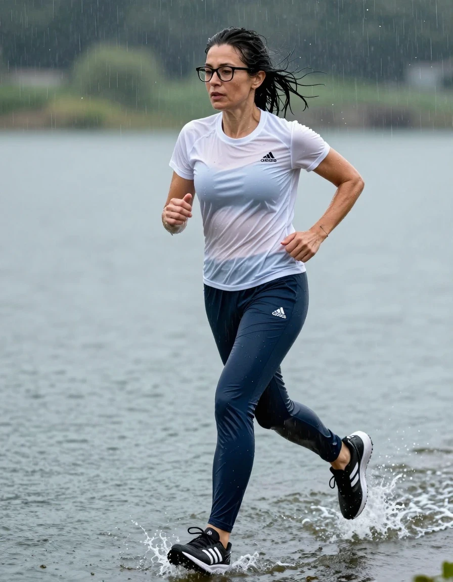photo of young woman, in soaking wet, drenched clothes,
adidas shoes, dark blue adidas nylon sport trousers, white adidas t-shirt, running in the lake under hard rain, enjoying wet clothes stuck body, enjoying, wet clothes stuck to body, 
enjoying, wet clothes stuck to body,
detailed textures of the wet clothes, wet face, wet plastered hair,
wet, drenched, professional, high-quality details, full body view.
sharp focus, ultra-high pixel detail, realistic, high-quality, full colors, incredibly detailed, 4k, 8k, 16k, hyper-realistic, RAW photo, masterpiece, ultra-detailed, professionally color graded, professional photograph, europen brunette skinny woman 50 years old, long dark black hair, very big and thick lips,  office glasses, complete body, wet skin, wet clothes, damp fabric, wet skin, wet clothes, damp fabric, wet skin, wet clothes, damp fabric, wet skin, wet clothes, damp fabric, wet skin, wet clothes, damp fabric, wet skin, wet clothes, damp fabric, wet skin, wet clothes, damp fabric