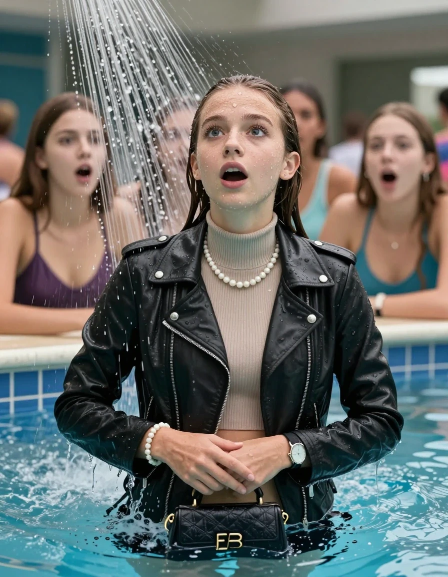 photo of young woman, in soaking wet, drenched clothes,
, , Biker leatherjacket, Tight knit turtleneck sweater belly free, handbag, pearl necklace, bracelet, wristwatch, playing Under the pool shower, strong jet of water, indoor swimming pool, pool party, her different clothed friends watching her shocked from the edge, 
enjoying, wet clothes stuck to body,
detailed textures of the wet clothes, wet face, wet plastered hair,
wet, drenched, professional, high-quality details, full body view.
sharp focus, ultra-high pixel detail, realistic, high-quality, full colors, incredibly detailed, 4k, 8k, 16k, hyper-realistic, RAW photo, masterpiece, ultra-detailed, professionally color graded, professional photograph, sleek long straight hair

Two 15 years old  teenage girl

Only head and shoulders are over the surface visible. Open mouth, big eyes. 

The girls wear different clothes.

she is completely underwater up to her neck, surprised and astonished expression. 

her submerged clothes are hardly vusible under water, she soaked her handbag into the water

close up view, wet skin, wet clothes, wet hair, damp fabric, water runs down the clothes, wet skin, wet clothes, damp fabric., wet skin, wet clothes, damp fabric, wet skin, wet clothes, damp fabric, wet skin, wet clothes, damp fabric, wet skin, wet clothes, damp fabric, wet skin, wet clothes, damp fabric, wet skin, wet clothes, damp fabric, wet skin, wet clothes, damp fabric, wet skin, wet clothes, damp fabric, wet skin, wet clothes, damp fabric
