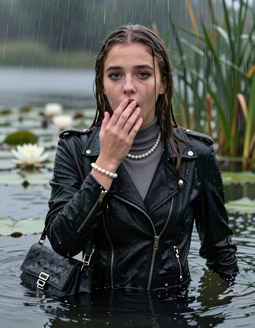 photo of young woman, in soaking wet, drenched clothes,
, , Black Biker leatherjacket, tight knit turtleneck sweater belly free, handbag, pearl necklace, bracelet, wristwatch, drowning in a lake with water lilies and reeds, heavy rain falls directely on her heads, 
enjoying, wet clothes stuck to body,
detailed textures of the wet clothes, wet face, wet plastered hair,
wet, drenched, professional, high-quality details, full body view.
sharp focus, ultra-high pixel detail, realistic, high-quality, full colors, incredibly detailed, 4k, 8k, 16k, hyper-realistic, RAW photo, masterpiece, ultra-detailed, professionally color graded, professional photograph, sleek long straight hair

15 years old  teenage girls

Only head and shoulders are over the surface visible. Open mouth, big eyes. Eyeliner is running down the cheeks. hold her hand on her mouth.

The girls wear different clothes.

she is completely underwater up to her neck, horny and astonished expression. 

her clothing is soaking wet and clinging tightly to her skin, showing heavy wet folds, darkened fabric texture, and deep water-saturated Patches, her clothes are heavy from the water, water runs from her body and her clothes in streams. A lot of water also runs out of her clothes. Her clothes are darkened by the water. Her submerged clothes are good visible under the water.  she soaked her handbag into the water.

close up view, wet skin, wet clothes, wet hair, damp fabric, water runs down the clothes, wet skin, wet clothes, damp fabric. cinematic medium shot, hyper-realistic wetness, high-contrast water sheen, sharp focus, 16k resolution, professional photography, realistic water physics., wet skin, wet clothes, damp fabric, wet skin, wet clothes, damp fabric, wet skin, wet clothes, damp fabric