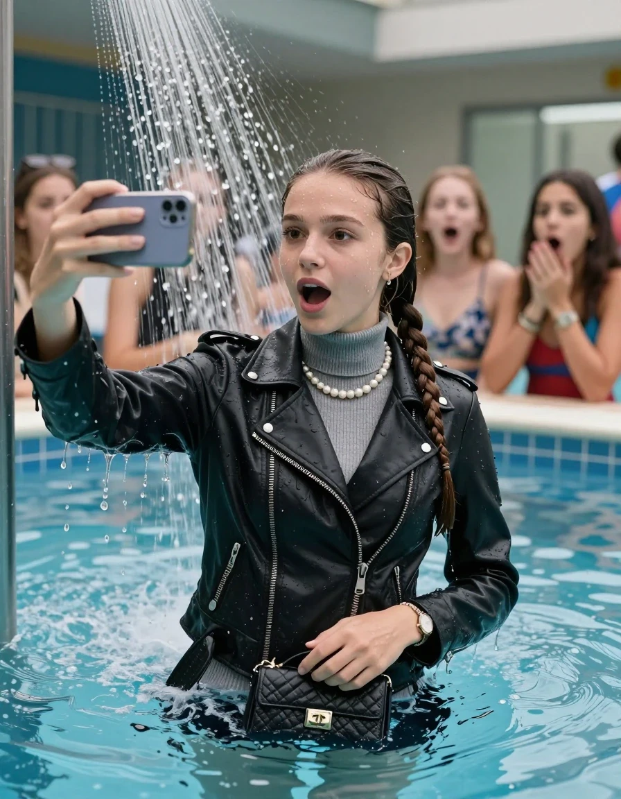 photo of young woman, in soaking wet, drenched clothes,
, , Biker leatherjacket, Tight knit turtleneck sweater belly free, handbag, pearl necklace, bracelet, wristwatch, Under the pool shower, strong jet of water, indoor swimming pool, pool party, her different clothed friends watching her shocked from the edge, 
enjoying, wet clothes stuck to body,
detailed textures of the wet clothes, wet face, wet plastered hair,
wet, drenched, professional, high-quality details, full body view.
sharp focus, ultra-high pixel detail, realistic, high-quality, full colors, incredibly detailed, 4k, 8k, 16k, hyper-realistic, RAW photo, masterpiece, ultra-detailed, professionally color graded, professional photograph, sleek long twisted ponytail

Two 15 years old  teenage girl

Only head and shoulders are over the surface visible. Open mouth, big eyes. Looking at camera. Hold her hand in front of her nose. take a selfie with her smartphone.

The girls wear different clothes.

she is completely underwater up to her neck, surprised and astonished expression. 

her submerged clothes are hardly vusible under water, she soaked her handbag into the water

close up view, wet skin, wet clothes, wet hair, damp fabric, water runs down the clothes, wet skin, wet clothes, damp fabric., wet skin, wet clothes, damp fabric, wet skin, wet clothes, damp fabric, wet skin, wet clothes, damp fabric, wet skin, wet clothes, damp fabric, wet skin, wet clothes, damp fabric, wet skin, wet clothes, damp fabric, wet skin, wet clothes, damp fabric, wet skin, wet clothes, damp fabric, wet skin, wet clothes, damp fabric