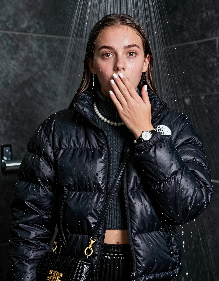 photo of young woman, in soaking wet, drenched clothes,
, , black nuptse north face puffer down jacket, knit turtleneck sweater belly free, handbag, pearl necklace, bracelet, wristwatch, Under the shower, strong jet of water, party shower, 
enjoying, wet clothes stuck to body,
detailed textures of the wet clothes, wet face, wet plastered hair,
wet, drenched, professional, high-quality details, full body view.
sharp focus, ultra-high pixel detail, realistic, high-quality, full colors, incredibly detailed, 4k, 8k, 16k, hyper-realistic, RAW photo, masterpiece, ultra-detailed, professionally color graded, professional photograph, sleek long straight hair

 15 years old  teenage girl

Only head and shoulders are over the surface visible. Looking at camera. Hold her hand over her mouth.  open mouth, big eyes.

The girls wear different clothes.

she is completely underwater up to her neck, shocked and embarrassed expression. 

her clothing is soaking wet and clinging tightly to her skin, showing heavy wet folds, darkened fabric texture, and deep water-saturated Patches, her clothes are heavy from the water, water runs from her body and her clothes in streams. A lot of water also runs out of her clothes. Her clothes are darkened by the water. Her submerged clothes are good visible under the water.  she soaked her handbag into the water.

close up view, wet skin, wet clothes, wet hair, damp fabric, water runs down the clothes, wet skin, wet clothes, damp fabric. cinematic medium shot, hyper-realistic wetness, high-contrast water sheen, sharp focus, 8k resolution, professional photography, realistic water physics., wet skin, wet clothes, damp fabric, wet skin, wet clothes, damp fabric, wet skin, wet clothes, damp fabric