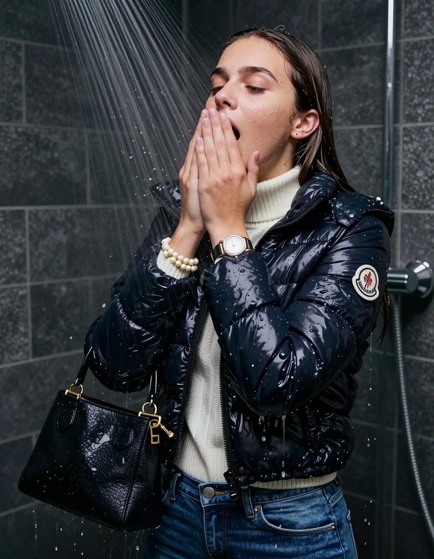 photo of young woman, in soaking wet, drenched clothes,
, Skinny jeans, Moncler shiny puffer down jacket , white knit turtleneck sweater, handbag, pearl necklace, bracelet, wristwatch, Under the shower, strong jet of water, party room, 
enjoying, wet clothes stuck to body,
detailed textures of the wet clothes, wet face, wet plastered hair,
wet, drenched, professional, high-quality details, full body view.
sharp focus, ultra-high pixel detail, realistic, high-quality, full colors, incredibly detailed, 4k, 8k, 16k, hyper-realistic, RAW photo, masterpiece, ultra-detailed, professionally color graded, professional photograph, sleek long straight hair

 15 years old  school girl

Only head and shoulders are over the surface visible. Open mouth, closed eyes. Looking up. Hold her hands on her mouth.

The girls wear different clothes.

she is completely underwater up to her neck, surprised and astonished expression. 

her clothing is soaking wet and clinging tightly to her skin, showing heavy wet folds, darkened fabric texture, and deep water-saturated Patches, her clothes are heavy from the water, water runs from her body and her clothes in streams. A lot of water also runs out of her clothes. Her clothes are darkened by the water. Her submerged clothes are good visible under the water.  she soaked her handbag into the water.

close up view, wet skin, wet clothes, wet hair, damp fabric, water runs down the clothes, wet skin, wet clothes, damp fabric. cinematic medium shot, hyper-realistic wetness, high-contrast water sheen, sharp focus, 16k resolution, professional photography, realistic water physics., wet skin, wet clothes, damp fabric, wet skin, wet clothes, damp fabric, wet skin, wet clothes, damp fabric