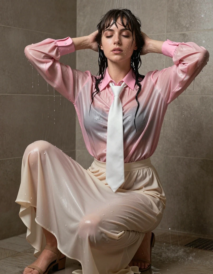 photo of young woman, in soaking wet, drenched clothes,
sandals, beige floor-length long silk skirt, layers of petticoat, Beatles hair, pink satin long-sleeved oversized buttoned down blouse, white necktie, Shower dimly lit, 
enjoying, wet clothes stuck to body,
detailed textures of the wet clothes, wet face, wet plastered hair,
wet, drenched, professional, high-quality details, full body view.
sharp focus, ultra-high pixel detail, realistic, high-quality, full colors, incredibly detailed, 4k, 8k, 16k, hyper-realistic, RAW photo, masterpiece, ultra-detailed, professionally color graded, professional photograph, Sjowering, Her blouse is buttoned up to the neck but untucked, wet skin, wet clothes, damp fabric