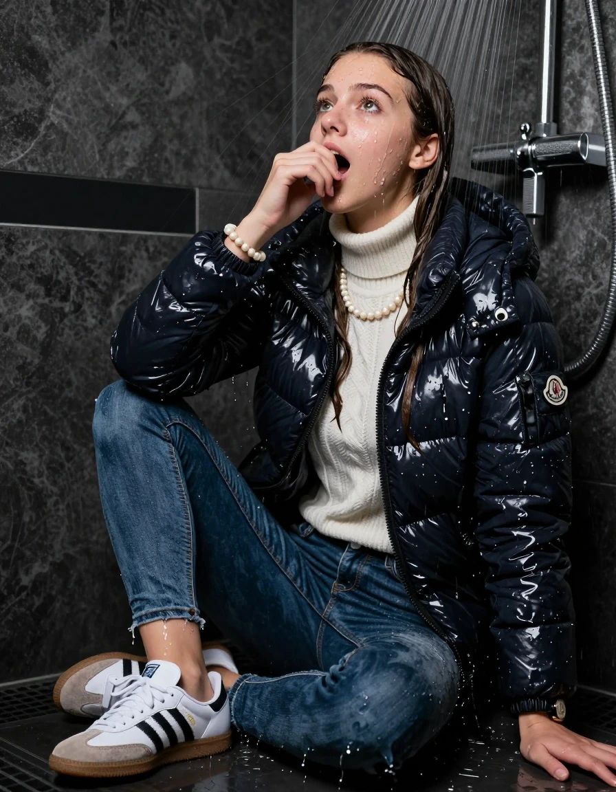 photo of young woman, in soaking wet, drenched clothes,
White sneakers Adidas Samba black striped, Tight Skinny jeans, Moncler shiny puffer down jacket , white knit turtleneck sweater, handbag, pearl necklace, bracelet, wristwatch, Under the shower, strong jet of water, party room, 
enjoying, wet clothes stuck to body,
detailed textures of the wet clothes, wet face, wet plastered hair,
wet, drenched, professional, high-quality details, full body view.
sharp focus, ultra-high pixel detail, realistic, high-quality, full colors, incredibly detailed, 4k, 8k, 16k, hyper-realistic, RAW photo, masterpiece, ultra-detailed, professionally color graded, professional photograph, sleek long straight hair, wer plastered hair

 15-years-old teenage girl

Only head and shoulders are over the surface visible. Open mouth, big eyes. Looking up. Hold her hand on her mouth.

The girls wear different clothes.

she is completely underwater up to her neck, surprised and astonished expression. 

her clothing is soaking wet and clinging tightly to her skin, showing heavy wet folds, darkened fabric texture, and deep water-saturated Patches, her clothes are heavy from the water, water runs from her body and her clothes in streams. A lot of water also runs out of her clothes. Her clothes are darkened by the water. Her submerged clothes are good visible under the water.  she soaked her handbag into the water.

close up view, wet skin, wet clothes, wet hair, damp fabric, water runs down the clothes, wet skin, wet clothes, damp fabric. cinematic medium shot, hyper-realistic wetness, high-contrast water sheen, sharp focus, 16k resolution, professional photography, realistic water physics., wet skin, wet clothes, damp fabric, wet skin, wet clothes, damp fabric, wet skin, wet clothes, damp fabric