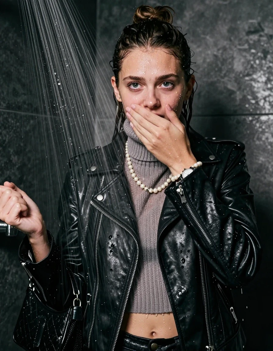 photo of young woman, in soaking wet, drenched clothes,
, , Biker leatherjacket, knit turtleneck sweater belly free, handbag, pearl necklace, bracelet, wristwatch, Under the shower, strong jet of water, party room, 
enjoying, wet clothes stuck to body,
detailed textures of the wet clothes, wet face, wet plastered hair,
wet, drenched, professional, high-quality details, full body view.
sharp focus, ultra-high pixel detail, realistic, high-quality, full colors, incredibly detailed, 4k, 8k, 16k, hyper-realistic, RAW photo, masterpiece, ultra-detailed, professionally color graded, professional photograph, topknot

 15 years old  teenage girl

Only head and shoulders are over the surface visible. Looking at camera. Hold her hand over her mouth.

The girls wear different clothes.

she is completely underwater up to her neck, worried and embarrassed expression. 

her clothing is soaking wet and clinging tightly to her skin, showing heavy wet folds, darkened fabric texture, and deep water-saturated Patches, her clothes are heavy from the water, water runs from her body and her clothes in streams. A lot of water also runs out of her clothes. Her clothes are darkened by the water. Her submerged clothes are good visible under the water.  she soaked her handbag into the water.

close up view, wet skin, wet clothes, wet hair, damp fabric, water runs down the clothes, wet skin, wet clothes, damp fabric. cinematic medium shot, hyper-realistic wetness, high-contrast water sheen, sharp focus, 16k resolution, professional photography, realistic water physics., wet skin, wet clothes, damp fabric, wet skin, wet clothes, damp fabric, wet skin, wet clothes, damp fabric