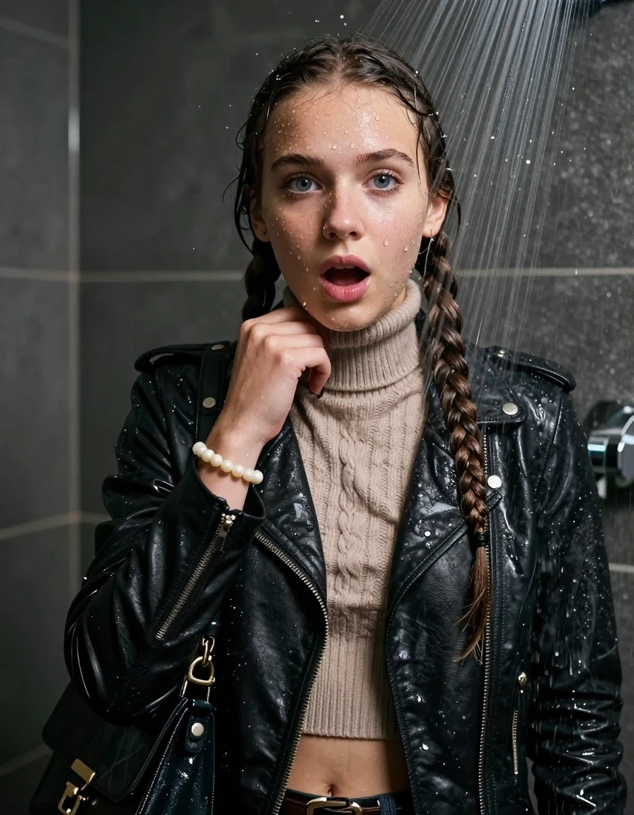 photo of young woman, in soaking wet, drenched clothes,
, , Biker leatherjacket, knit turtleneck sweater belly free, handbag, pearl necklace, bracelet, wristwatch, Under the shower, strong jet of water, party room, 
enjoying, wet clothes stuck to body,
detailed textures of the wet clothes, wet face, wet plastered hair,
wet, drenched, professional, high-quality details, full body view.
sharp focus, ultra-high pixel detail, realistic, high-quality, full colors, incredibly detailed, 4k, 8k, 16k, hyper-realistic, RAW photo, masterpiece, ultra-detailed, professionally color graded, professional photograph, Two long braids 

 15 years old  school girl

Only head and shoulders are over the surface visible. Open mouth, big eyes. Looking at camera. Hold her hand on her chin.

The girls wear different clothes.

she is completely underwater up to her neck, surprised and astonished expression. 

her clothing is soaking wet and clinging tightly to her skin, showing heavy wet folds, darkened fabric texture, and deep water-saturated Patches, her clothes are heavy from the water, water runs from her body and her clothes in streams. A lot of water also runs out of her clothes. Her clothes are darkened by the water. Her submerged clothes are good visible under the water.  she soaked her handbag into the water.

close up view, wet skin, wet clothes, wet hair, damp fabric, water runs down the clothes, wet skin, wet clothes, damp fabric. cinematic medium shot, hyper-realistic wetness, high-contrast water sheen, sharp focus, 16k resolution, professional photography, realistic water physics., wet skin, wet clothes, damp fabric, wet skin, wet clothes, damp fabric, wet skin, wet clothes, damp fabric, wet skin, wet clothes, damp fabric
