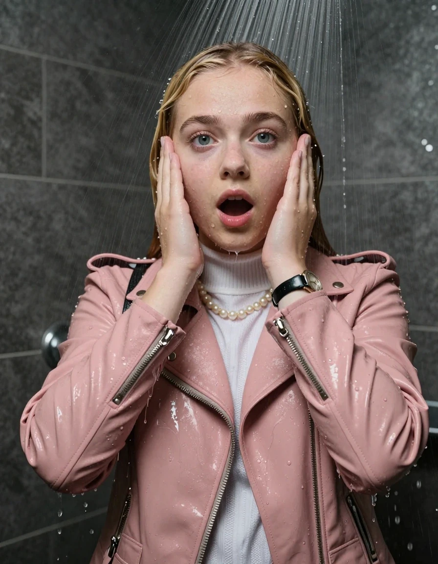 photo of young woman, in soaking wet, drenched clothes,
, , Light pink Biker leatherjacket, white knit turtleneck sweater, handbag, pearl necklace, bracelet, wristwatch, Under the shower, strong jet of water, party room, 
enjoying, wet clothes stuck to body,
detailed textures of the wet clothes, wet face, wet plastered hair,
wet, drenched, professional, high-quality details, full body view.
sharp focus, ultra-high pixel detail, realistic, high-quality, full colors, incredibly detailed, 4k, 8k, 16k, hyper-realistic, RAW photo, masterpiece, ultra-detailed, professionally color graded, professional photograph, Blonde sleek long straight hair

 15 years old  school girl

Only head and shoulders are over the surface visible. Open mouth, big eyes. Looking at camera. Hold her hands on her face.

The girls wear different clothes.

she is completely underwater up to her neck, surprised and astonished expression. 

her clothing is soaking wet and clinging tightly to her skin, showing heavy wet folds, darkened fabric texture, and deep water-saturated Patches, her clothes are heavy from the water, water runs from her body and her clothes in streams. A lot of water also runs out of her clothes. Her clothes are darkened by the water. Her submerged clothes are good visible under the water.  she soaked her handbag into the water.

close up view, wet skin, wet clothes, wet hair, damp fabric, water runs down the clothes, wet skin, wet clothes, damp fabric. cinematic medium shot, hyper-realistic wetness, high-contrast water sheen, sharp focus, 16k resolution, professional photography, realistic water physics., wet skin, wet clothes, damp fabric, wet skin, wet clothes, damp fabric, wet skin, wet clothes, damp fabric