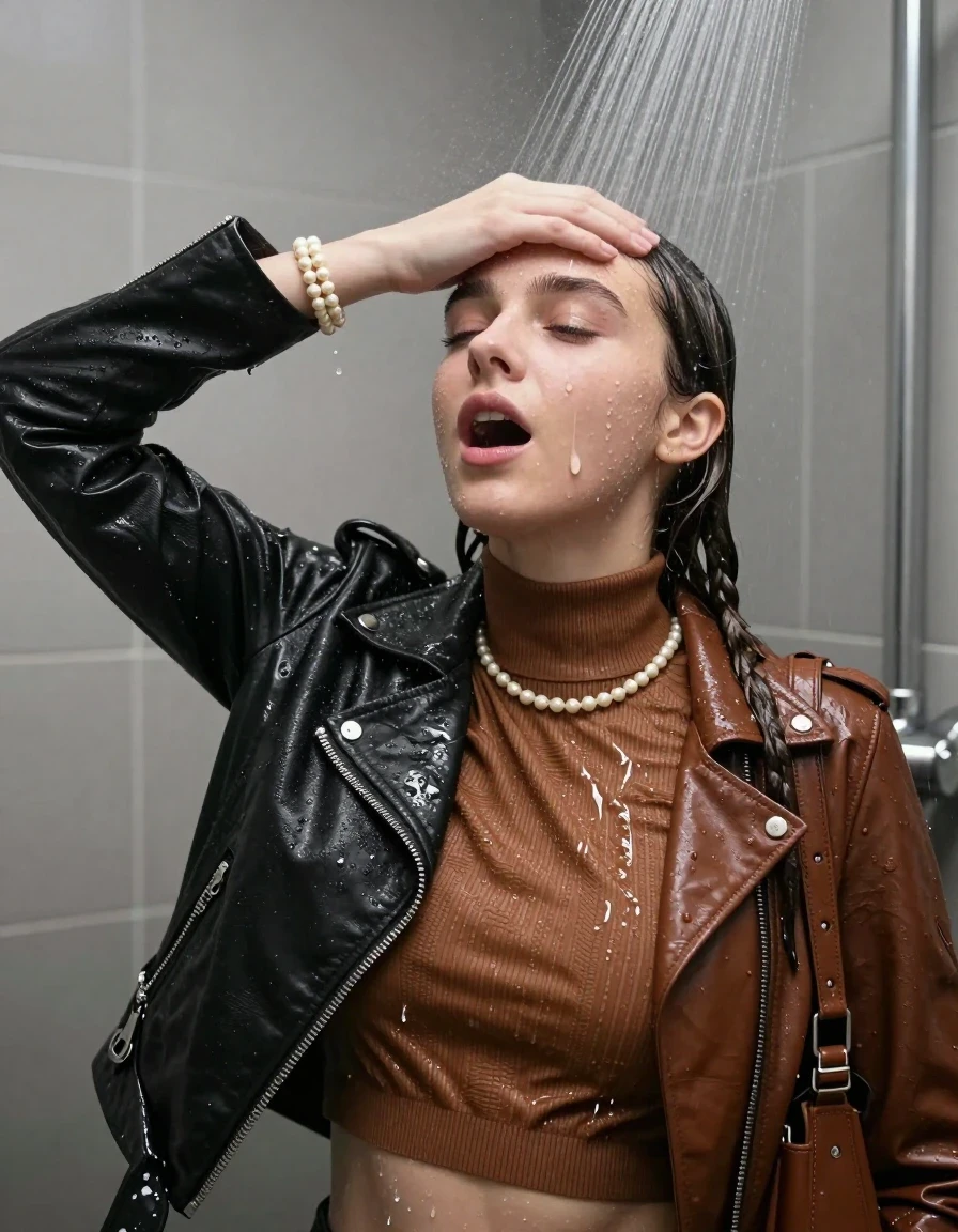 photo of young woman, in soaking wet, drenched clothes,
, , black Biker leatherjacket and brown biker leatherjacket, Tight knit turtleneck sweater belly free, handbag, pearl necklace, bracelet, wristwatch, Under the shower, strong jet of water, lokker room, 
enjoying, wet clothes stuck to body,
detailed textures of the wet clothes, wet face, wet plastered hair,
wet, drenched, professional, high-quality details, full body view.
sharp focus, ultra-high pixel detail, realistic, high-quality, full colors, incredibly detailed, 4k, 8k, 16k, hyper-realistic, RAW photo, masterpiece, ultra-detailed, professionally color graded, professional photograph, sleek long twisted ponytail

Two 15 years old  teenage girl

Only head and shoulders are over the surface visible. Open mouth, closed eyes. Looking up. Hold a hand over her forehead.

she is completely underwater up to her neck, surprised and astonished expression. 

her submerged clothes are hardly vusible under water, she soaked her handbag into the water

close up view, wet skin, wet clothes, wet hair, damp fabric, water runs down the clothes, wet skin, wet clothes, damp fabric., wet skin, wet clothes, damp fabric, wet skin, wet clothes, damp fabric, wet skin, wet clothes, damp fabric, wet skin, wet clothes, damp fabric, wet skin, wet clothes, damp fabric, wet skin, wet clothes, damp fabric, wet skin, wet clothes, damp fabric, wet skin, wet clothes, damp fabric, wet skin, wet clothes, damp fabric