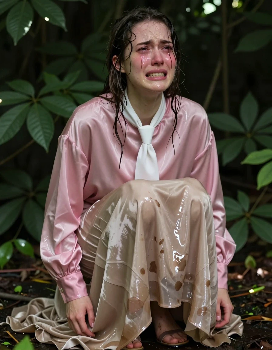 A young adult European woman crouching deep within the dense, dark foliage of a lush bush. She is wearing a pink satin long-sleeved oversized blouse with a crisp white necktie, paired with a floor-length excessively long beige silk skirt layered over multiple petticoats. The fabric of the silk skirt is visibly soaked, clinging to her legs with heavy wet folds, dark translucent patches, and a high-sheen liquid texture. She wears open-toed sandals on her feet. Her expression is an intense, raw combination of crying and orgasming, with tear-streaked cheeks and flushed skin. The lighting is dappled sunlight filtering through leaves, creating strong specular highlights on the wet silk and her damp skin. Photorealistic, 8k, cinematic depth of field, high-contrast textures, hyper-detailed fabric saturation, wet hair clinging to her face.