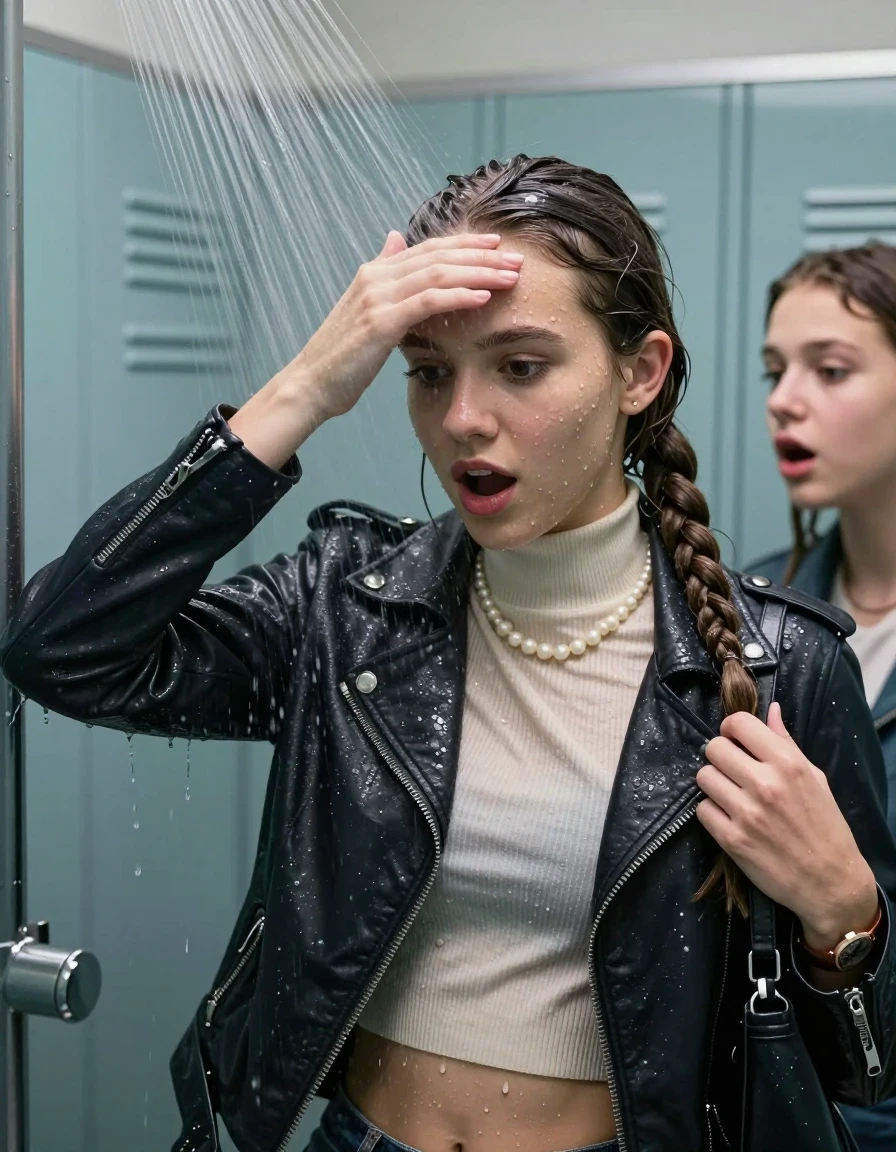 photo of young woman, in soaking wet, drenched clothes,
, , Biker leatherjacket, Tight knit turtleneck sweater belly free, handbag, pearl necklace, bracelet, wristwatch, Under the shower, strong jet of water, lokker room, 
enjoying, wet clothes stuck to body,
detailed textures of the wet clothes, wet face, wet plastered hair,
wet, drenched, professional, high-quality details, full body view.
sharp focus, ultra-high pixel detail, realistic, high-quality, full colors, incredibly detailed, 4k, 8k, 16k, hyper-realistic, RAW photo, masterpiece, ultra-detailed, professionally color graded, professional photograph, sleek long twisted ponytail

Two 15 years old  teenage girl

Only head and shoulders are over the surface visible. Open mouth, big eyes. Looking down. Hold a hand over her forehead.

she is completely underwater up to her neck, surprised and astonished expression. 

her submerged clothes are hardly vusible under water, she soaked her handbag into the water

close up view, wet skin, wet clothes, wet hair, damp fabric, water runs down the clothes, wet skin, wet clothes, damp fabric., wet skin, wet clothes, damp fabric, wet skin, wet clothes, damp fabric, wet skin, wet clothes, damp fabric, wet skin, wet clothes, damp fabric, wet skin, wet clothes, damp fabric, wet skin, wet clothes, damp fabric, wet skin, wet clothes, damp fabric, wet skin, wet clothes, damp fabric, wet skin, wet clothes, damp fabric