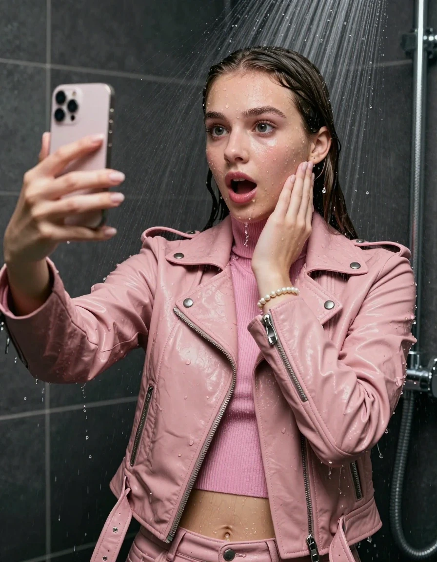 photo of young woman, in soaking wet, drenched clothes,
, , light pink biker leatherjacket, tight knit turtleneck sweater belly free, handbag, pearl necklace, bracelet, wristwatch, Under the shower, strong jet of water, party shower, 
enjoying, wet clothes stuck to body,
detailed textures of the wet clothes, wet face, wet plastered hair,
wet, drenched, professional, high-quality details, full body view.
sharp focus, ultra-high pixel detail, realistic, high-quality, full colors, incredibly detailed, 4k, 8k, 16k, hyper-realistic, RAW photo, masterpiece, ultra-detailed, professionally color graded, professional photograph, sleek long straight hair

 15 years old  teenage girl

Only head and shoulders are over the surface visible. Looking at camera. The water splashes directly into her face. Hold her hands over her chin.  open mouth, big eyes. take a selfie with her smartphone.

The girls wear different clothes.

she is completely underwater up to her neck, shocked and embarrassed expression. 

her clothing is soaking wet and clinging tightly to her skin, showing heavy wet folds, darkened fabric texture, and deep water-saturated Patches, her clothes are heavy from the water, water runs from her body and her clothes in streams. A lot of water also runs out of her clothes. Her clothes are darkened by the water. Her submerged clothes are good visible under the water.  she soaked her handbag into the water.

close up view, wet skin, wet clothes, wet hair, damp fabric, water runs down the clothes, wet skin, wet clothes, damp fabric. cinematic medium shot, hyper-realistic wetness, high-contrast water sheen, sharp focus, 16k resolution, professional photography, realistic water physics., wet skin, wet clothes, damp fabric, wet skin, wet clothes, damp fabric, wet skin, wet clothes, damp fabric, wet skin, wet clothes, damp fabric