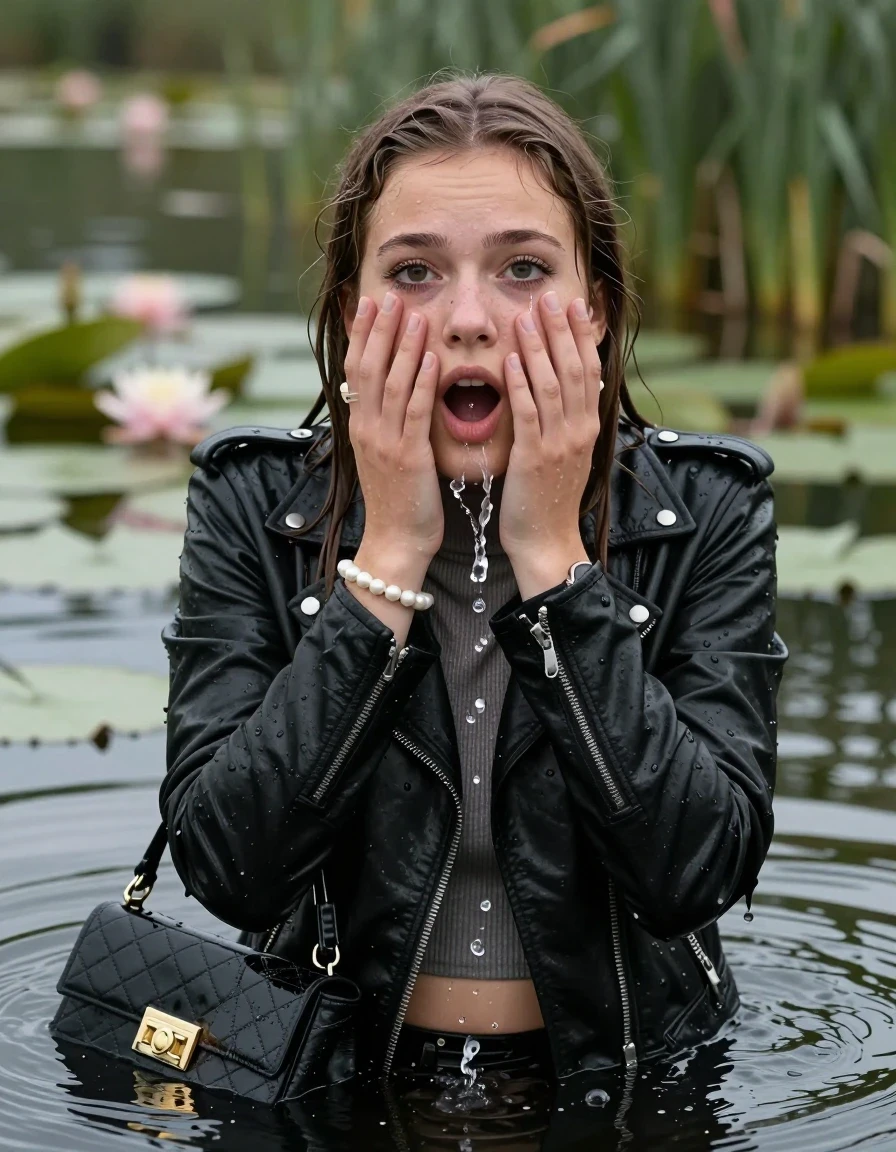 photo of young woman, in soaking wet, drenched clothes,
, , Black Biker leatherjacket, tight knit turtleneck sweater belly free, handbag, pearl necklace, bracelet, wristwatch, drowning in a lake with water lilies and reeds, 
enjoying, wet clothes stuck to body,
detailed textures of the wet clothes, wet face, wet plastered hair,
wet, drenched, professional, high-quality details, full body view.
sharp focus, ultra-high pixel detail, realistic, high-quality, full colors, incredibly detailed, 4k, 8k, 16k, hyper-realistic, RAW photo, masterpiece, ultra-detailed, professionally color graded, professional photograph, sleek long straight hair

15 years old  teenage girls

Only head and shoulders are over the surface visible. Open mouth, big eyes. Eyeliner is running down the cheeks. hold her hands over her face. spits out water.

The girls wear different clothes.

she is completely underwater up to her neck, afraid and astonished expression. 

her clothing is soaking wet and clinging tightly to her skin, showing heavy wet folds, darkened fabric texture, and deep water-saturated Patches, her clothes are heavy from the water, water runs from her body and her clothes in streams. A lot of water also runs out of her clothes. Her clothes are darkened by the water. Her submerged clothes are good visible under the water.  she soaked her handbag into the water.

close up view, wet skin, wet clothes, wet hair, damp fabric, water runs down the clothes, wet skin, wet clothes, damp fabric. cinematic medium shot, hyper-realistic wetness, high-contrast water sheen, sharp focus, 16k resolution, professional photography, realistic water physics., wet skin, wet clothes, damp fabric, wet skin, wet clothes, damp fabric, wet skin, wet clothes, damp fabric