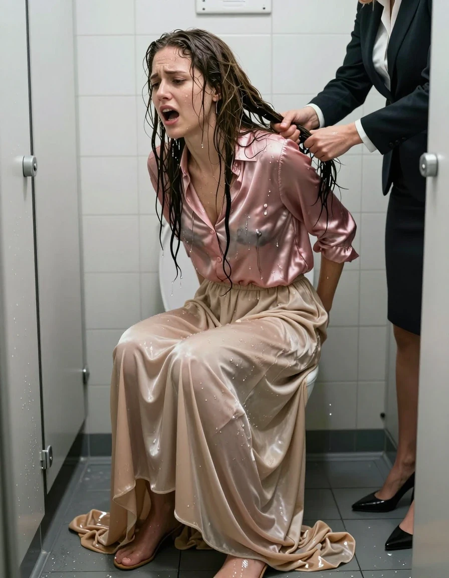 A photorealistic, high-contrast shot of a young adult European woman in a cramped toilet booth, gasping for air with a distressed expression. Her hair is dripping wet and matted, clinging to her face and neck. She wears a pink satin long-sleeved oversized blouse, now soaked through with dark, heavy patches and clinging to her skin, paired with a beige floor-length excessively long silk skirt, layered over petticoats that are heavy, sodden, and dragging on the wet floor. She is wearing sandals. Her female dominant boss, dressed in sharp business casual attire, is visible in the frame, gripping the woman's hair firmly after having just pulled her head from the toilet bowl. The environment is damp, with water droplets on the tiled walls and floor. The lighting is harsh, overhead fluorescent, creating sharp highlights on the wet silk, the saturated satin fabric, and the dripping strands of hair. Cinematic composition, shallow depth of field, hyper-detailed textures, water sheen, and deep, realistic fabric saturation.