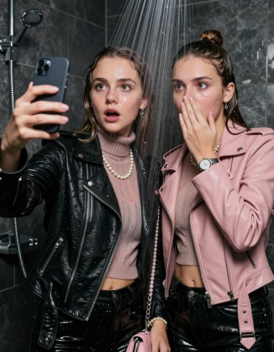 photo of young woman, in soaking wet, drenched clothes,
, , Black Biker leatherjacket and light pink leatherjacket, knit turtleneck sweater belly free, handbag, pearl necklace, bracelet, wristwatch, Under the shower, strong jet of water, party room, 
enjoying, wet clothes stuck to body,
detailed textures of the wet clothes, wet face, wet plastered hair,
wet, drenched, professional, high-quality details, full body view.
sharp focus, ultra-high pixel detail, realistic, high-quality, full colors, incredibly detailed, 4k, 8k, 16k, hyper-realistic, RAW photo, masterpiece, ultra-detailed, professionally color graded, professional photograph, sleek long straight hair and topknot

 two 15 years old  teenage girls

Only head and shoulders are over the surface visible. Open mouth, big eyes. Looking at camera. Hold her hand in front of her nose. one girl take a selfie with her smartphone.

The girls wear different clothes.

she is completely underwater up to her neck, afraid and astonished expression. 

her clothing is soaking wet and clinging tightly to her skin, showing heavy wet folds, darkened fabric texture, and deep water-saturated Patches, her clothes are heavy from the water, water runs from her body and her clothes in streams. A lot of water also runs out of her clothes. Her clothes are darkened by the water. Her submerged clothes are good visible under the water.  she soaked her handbag into the water.

close up view, wet skin, wet clothes, wet hair, damp fabric, water runs down the clothes, wet skin, wet clothes, damp fabric. cinematic medium shot, hyper-realistic wetness, high-contrast water sheen, sharp focus, 16k resolution, professional photography, realistic water physics., wet skin, wet clothes, damp fabric, wet skin, wet clothes, damp fabric, wet skin, wet clothes, damp fabric, wet skin, wet clothes, damp fabric