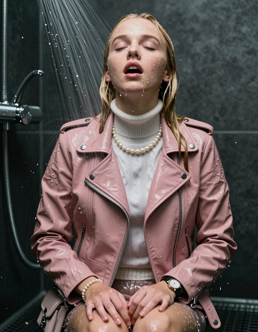 photo of young woman, in soaking wet, drenched clothes,
, , Light pink Biker leatherjacket, white knit turtleneck sweater, handbag, pearl necklace, bracelet, wristwatch, Masturbate Under the shower, strong jet of water, party room, 
enjoying, wet clothes stuck to body,
detailed textures of the wet clothes, wet face, wet plastered hair,
wet, drenched, professional, high-quality details, full body view.
sharp focus, ultra-high pixel detail, realistic, high-quality, full colors, incredibly detailed, 4k, 8k, 16k, hyper-realistic, RAW photo, masterpiece, ultra-detailed, professionally color graded, professional photograph, Blonde sleek long straight hair

 15 years old  school girl

Only head and shoulders are over the surface visible. Open mouth, closed eyes. Looking up. Hold her hands on her knees.

The girls wear different clothes.

she is completely underwater up to her neck, surprised and astonished expression. 

her clothing is soaking wet and clinging tightly to her skin, showing heavy wet folds, darkened fabric texture, and deep water-saturated Patches, her clothes are heavy from the water, water runs from her body and her clothes in streams. A lot of water also runs out of her clothes. Her clothes are darkened by the water. Her submerged clothes are good visible under the water.  she soaked her handbag into the water.

close up view, wet skin, wet clothes, wet hair, damp fabric, water runs down the clothes, wet skin, wet clothes, damp fabric. cinematic medium shot, hyper-realistic wetness, high-contrast water sheen, sharp focus, 16k resolution, professional photography, realistic water physics., wet skin, wet clothes, damp fabric, wet skin, wet clothes, damp fabric, wet skin, wet clothes, damp fabric, wet skin, wet clothes, damp fabric