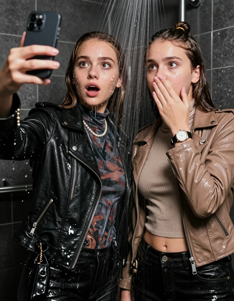 photo of young woman, in soaking wet, drenched clothes,
, , Black Biker leatherjacket and light brown leatherjacket, tight knit turtleneck sweater belly free, handbag, pearl necklace, bracelet, wristwatch, Under the shower, strong jet of water, party room, 
enjoying, wet clothes stuck to body,
detailed textures of the wet clothes, wet face, wet plastered hair,
wet, drenched, professional, high-quality details, full body view.
sharp focus, ultra-high pixel detail, realistic, high-quality, full colors, incredibly detailed, 4k, 8k, 16k, hyper-realistic, RAW photo, masterpiece, ultra-detailed, professionally color graded, professional photograph, sleek long straight hair and topknot

 two 15 years old  teenage girls

Only head and shoulders are over the surface visible. Open mouth, big eyes. Looking at camera. Hold her hand in front of her nose. one girl take a selfie with her smartphone.

The girls wear different clothes.

she is completely underwater up to her neck, frightened and astonished expression. 

her clothing is soaking wet and clinging tightly to her skin, showing heavy wet folds, darkened fabric texture, and deep water-saturated Patches, her clothes are heavy from the water, water runs from her body and her clothes in streams. A lot of water also runs out of her clothes. Her clothes are darkened by the water. Her submerged clothes are good visible under the water.  she soaked her handbag into the water.

close up view, wet skin, wet clothes, wet hair, damp fabric, water runs down the clothes, wet skin, wet clothes, damp fabric. cinematic medium shot, hyper-realistic wetness, high-contrast water sheen, sharp focus, 16k resolution, professional photography, realistic water physics., wet skin, wet clothes, damp fabric, wet skin, wet clothes, damp fabric, wet skin, wet clothes, damp fabric