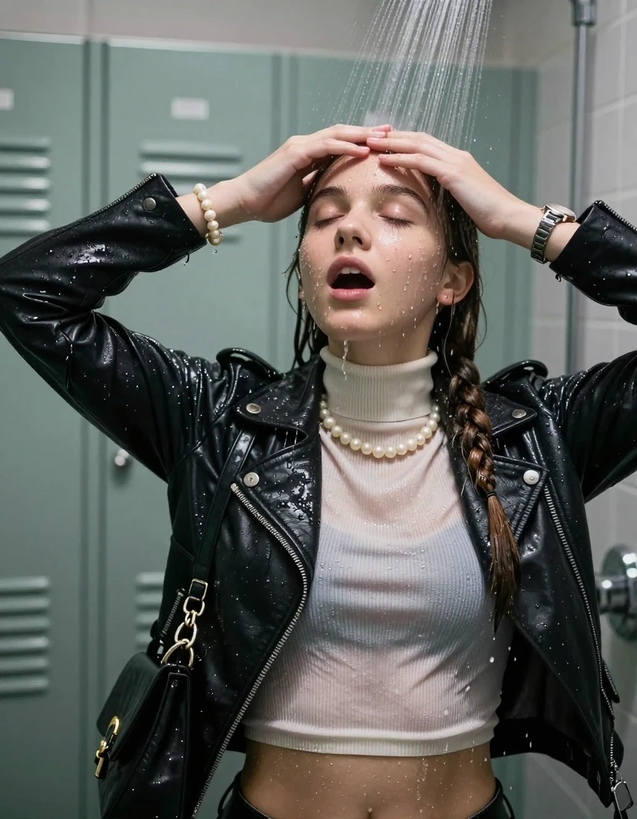 photo of young woman, in soaking wet, drenched clothes,
, , Biker leatherjacket, Tight knit turtleneck sweater belly free, handbag, pearl necklace, bracelet, wristwatch, Under the shower, strong jet of water, lokker room, 
enjoying, wet clothes stuck to body,
detailed textures of the wet clothes, wet face, wet plastered hair,
wet, drenched, professional, high-quality details, full body view.
sharp focus, ultra-high pixel detail, realistic, high-quality, full colors, incredibly detailed, 4k, 8k, 16k, hyper-realistic, RAW photo, masterpiece, ultra-detailed, professionally color graded, professional photograph, sleek long twisted ponytail

Two 15 years old  teenage girl

Only head and shoulders are over the surface visible. Open mouth, closed eyes. Looking up. Hold a hand over her forehead.

she is completely underwater up to her neck, surprised and astonished expression. 

her submerged clothes are hardly vusible under water, she soaked her handbag into the water

close up view, wet skin, wet clothes, wet hair, damp fabric, water runs down the clothes, wet skin, wet clothes, damp fabric., wet skin, wet clothes, damp fabric, wet skin, wet clothes, damp fabric, wet skin, wet clothes, damp fabric, wet skin, wet clothes, damp fabric, wet skin, wet clothes, damp fabric, wet skin, wet clothes, damp fabric, wet skin, wet clothes, damp fabric, wet skin, wet clothes, damp fabric, wet skin, wet clothes, damp fabric