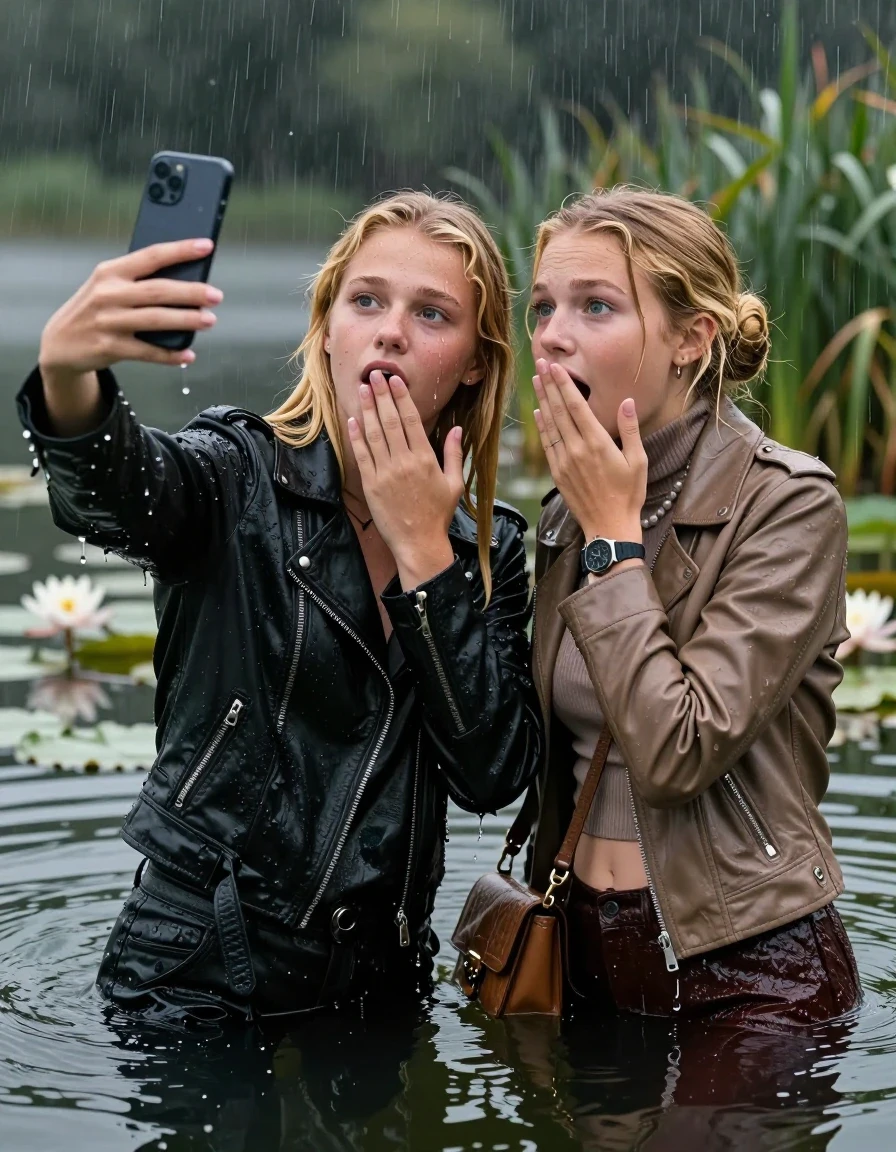 photo of young woman, in soaking wet, drenched clothes,
, , Black Biker leatherjacket and light brown leatherjacket, tight knit turtleneck sweater belly free, handbag, pearl necklace, bracelet, wristwatch, Emerging after diving in a lake with water lilies and reeds, heavy rain falls directely on her heads, 
enjoying, wet clothes stuck to body,
detailed textures of the wet clothes, wet face, wet plastered hair,
wet, drenched, professional, high-quality details, full body view.
sharp focus, ultra-high pixel detail, realistic, high-quality, full colors, incredibly detailed, 4k, 8k, 16k, hyper-realistic, RAW photo, masterpiece, ultra-detailed, professionally color graded, professional photograph, blonde sleek long straight hair and blonde sleek bun

 two 15 years old  teenage girls

Only head and shoulders are over the surface visible. Open mouth, big eyes. Looking at camera. one Hold her hands onver her mouth. one hold one hand on her mouth and take with the other hand a selfie with her smartphone.

The girls wear different clothes.

she is completely underwater up to her neck, horny and astonished expression. 

her clothing is soaking wet and clinging tightly to her skin, showing heavy wet folds, darkened fabric texture, and deep water-saturated Patches, her clothes are heavy from the water, water runs from her body and her clothes in streams. A lot of water also runs out of her clothes. Her clothes are darkened by the water. Her submerged clothes are good visible under the water.  she soaked her handbag into the water.

close up view, wet skin, wet clothes, wet hair, damp fabric, water runs down the clothes, wet skin, wet clothes, damp fabric. cinematic medium shot, hyper-realistic wetness, high-contrast water sheen, sharp focus, 16k resolution, professional photography, realistic water physics., wet skin, wet clothes, damp fabric, wet skin, wet clothes, damp fabric, wet skin, wet clothes, damp fabric