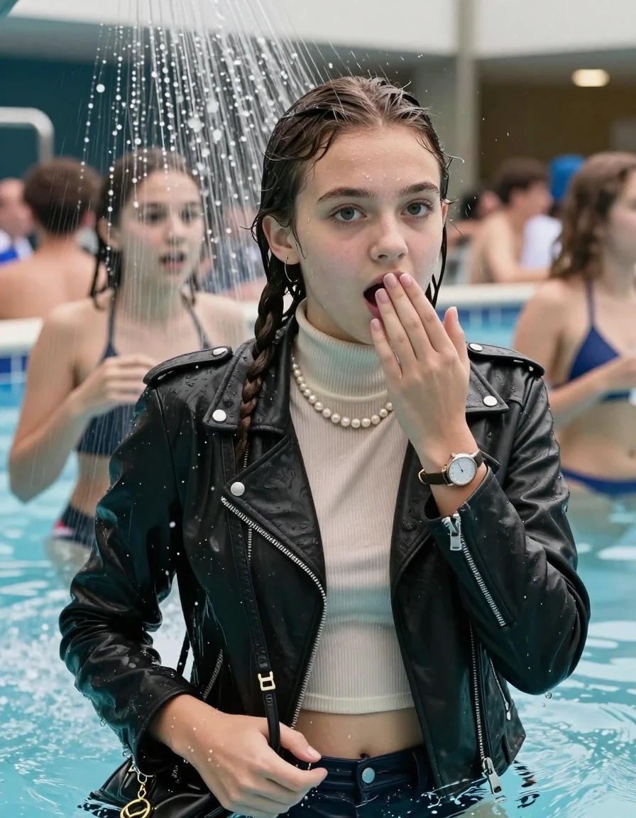 photo of young woman, in soaking wet, drenched clothes,
, , Biker leatherjacket, Tight knit turtleneck sweater belly free, handbag, pearl necklace, bracelet, wristwatch, Under the pool shower, strong jet of water, indoor swimming pool, pool party, clothed people in the background, 
enjoying, wet clothes stuck to body,
detailed textures of the wet clothes, wet face, wet plastered hair,
wet, drenched, professional, high-quality details, full body view.
sharp focus, ultra-high pixel detail, realistic, high-quality, full colors, incredibly detailed, 4k, 8k, 16k, hyper-realistic, RAW photo, masterpiece, ultra-detailed, professionally color graded, professional photograph, sleek long twisted ponytail

Two 15 years old  teenage girl

Only head and shoulders are over the surface visible. Open mouth, big eyes. Looking at camera. Hold her hand on her mouth.

The girls wear different clothes.

she is completely underwater up to her neck, surprised and astonished expression. 

her submerged clothes are hardly vusible under water, she soaked her handbag into the water

close up view, wet skin, wet clothes, wet hair, damp fabric, water runs down the clothes, wet skin, wet clothes, damp fabric., wet skin, wet clothes, damp fabric, wet skin, wet clothes, damp fabric, wet skin, wet clothes, damp fabric, wet skin, wet clothes, damp fabric, wet skin, wet clothes, damp fabric, wet skin, wet clothes, damp fabric, wet skin, wet clothes, damp fabric, wet skin, wet clothes, damp fabric, wet skin, wet clothes, damp fabric
