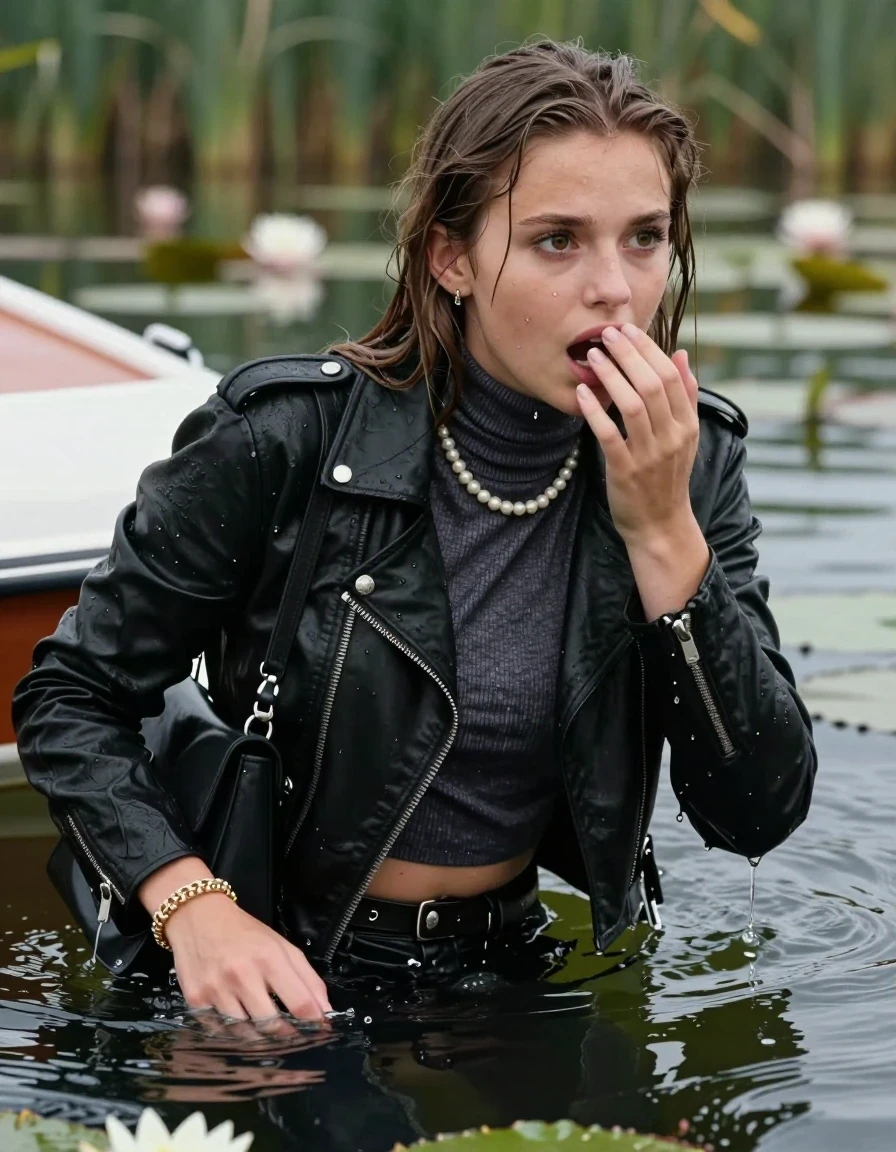 photo of young woman, in soaking wet, drenched clothes,
, , Black Biker leatherjacket, tight knit turtleneck sweater belly free, shoulderbag, pearl necklace, bracelet, wristwatch, drowning in a lake with water lilies and reeds, 
enjoying, wet clothes stuck to body,
detailed textures of the wet clothes, wet face, wet plastered hair,
wet, drenched, professional, high-quality details, full body view.
sharp focus, ultra-high pixel detail, realistic, high-quality, full colors, incredibly detailed, 4k, 8k, 16k, hyper-realistic, RAW photo, masterpiece, ultra-detailed, professionally color graded, professional photograph, sleek long straight hair

15 years old  teenage girls

Only head and shoulders are over the surface visible. Open mouth, big eyes. hold a hand on her mouth. leaning forward, lay her breast on the surface and tries to swim to the boat.

The girls wear different clothes.

she is completely underwater up to her neck, afraid and astonished expression. 

her clothing is soaking wet and clinging tightly to her skin, showing heavy wet folds, darkened fabric texture, and deep water-saturated Patches, her clothes are heavy from the water, water runs from her body and her clothes in streams. A lot of water also runs out of her clothes. Her clothes are darkened by the water. Her submerged clothes are good visible under the water.  she soaked her handbag into the water.

close up view, zoom in, wet skin, wet clothes, wet hair, damp fabric, water runs down the clothes, wet skin, wet clothes, damp fabric. cinematic medium shot, hyper-realistic wetness, high-contrast water sheen, sharp focus, 16k resolution, professional photography, realistic water physics., wet skin, wet clothes, damp fabric, wet skin, wet clothes, damp fabric, wet skin, wet clothes, damp fabric