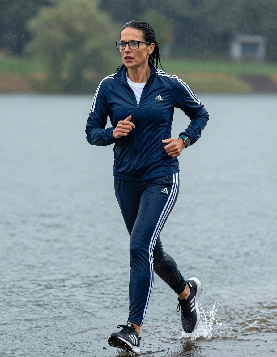 photo of young woman, in soaking wet, drenched clothes,
adidas shoes, dark blue adidas sport pants, white adidas t-shirt, dark blue adidas sport jacket, running in the lake under hard rain, enjoying wet clothes stuck body, enjoying, wet clothes stuck to body, 
enjoying, wet clothes stuck to body,
detailed textures of the wet clothes, wet face, wet plastered hair,
wet, drenched, professional, high-quality details, full body view.
sharp focus, ultra-high pixel detail, realistic, high-quality, full colors, incredibly detailed, 4k, 8k, 16k, hyper-realistic, RAW photo, masterpiece, ultra-detailed, professionally color graded, professional photograph, europen brunette skinny woman 50 years old, long dark black hair, very big and thick lips,  office glasses, complete body, wet skin, wet clothes, damp fabric, wet skin, wet clothes, damp fabric, wet skin, wet clothes, damp fabric, wet skin, wet clothes, damp fabric, wet skin, wet clothes, damp fabric, wet skin, wet clothes, damp fabric, wet skin, wet clothes, damp fabric