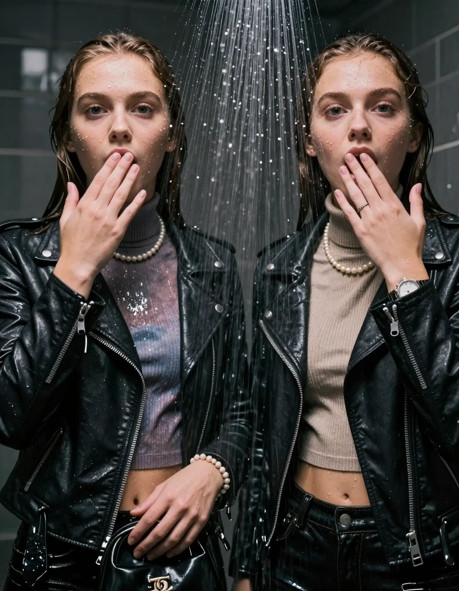 photo of young woman, in soaking wet, drenched clothes,
, , Biker leatherjacket, Tight knit turtleneck sweater belly free, handbag, pearl necklace, bracelet, wristwatch, Under the shower, strong jet of water, party room, 
enjoying, wet clothes stuck to body,
detailed textures of the wet clothes, wet face, wet plastered hair,
wet, drenched, professional, high-quality details, full body view.
sharp focus, ultra-high pixel detail, realistic, high-quality, full colors, incredibly detailed, 4k, 8k, 16k, hyper-realistic, RAW photo, masterpiece, ultra-detailed, professionally color graded, professional photograph, sleek long straight hair

Two 15 years old  teenage girl

Only head and shoulders are over the surface visible. Open mouth, big eyes. Looking at camera. Hold her hand in front of her mouth.

The girls wear different clothes.

she is completely underwater up to her neck, surprised and astonished expression. 

her clothing is soaking wet and clinging tightly to her skin, showing heavy wet folds, darkened fabric texture, and deep water-saturated Patches, her clothes are heavy from the water, water runs from her body and her clothes in streams. A lot of water also runs out of her clothes. Her clothes are darkened by the water. Her submerged clothes are good visible under the water.  she soaked her handbag into the water.

close up view, wet skin, wet clothes, wet hair, damp fabric, water runs down the clothes, wet skin, wet clothes, damp fabric. cinematic medium shot, hyper-realistic wetness, high-contrast water sheen, sharp focus, 8k resolution, professional photography, realistic water physics., wet skin, wet clothes, damp fabric