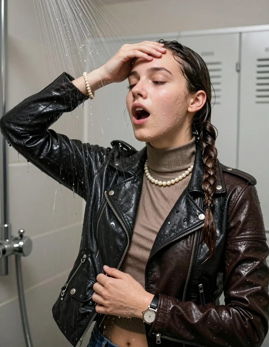 photo of young woman, in soaking wet, drenched clothes,
, , black Biker leatherjacket and brown biker leatherjacket, Tight knit turtleneck sweater belly free, handbag, pearl necklace, bracelet, wristwatch, Under the shower, strong jet of water, lokker room, 
enjoying, wet clothes stuck to body,
detailed textures of the wet clothes, wet face, wet plastered hair,
wet, drenched, professional, high-quality details, full body view.
sharp focus, ultra-high pixel detail, realistic, high-quality, full colors, incredibly detailed, 4k, 8k, 16k, hyper-realistic, RAW photo, masterpiece, ultra-detailed, professionally color graded, professional photograph, sleek long twisted ponytail

Two 15 years old  teenage girl

Only head and shoulders are over the surface visible. Open mouth, closed eyes. Looking up. Hold a hand over her forehead.

she is completely underwater up to her neck, surprised and astonished expression. 

her submerged clothes are hardly vusible under water, she soaked her handbag into the water

close up view, wet skin, wet clothes, wet hair, damp fabric, water runs down the clothes, wet skin, wet clothes, damp fabric., wet skin, wet clothes, damp fabric, wet skin, wet clothes, damp fabric, wet skin, wet clothes, damp fabric, wet skin, wet clothes, damp fabric, wet skin, wet clothes, damp fabric, wet skin, wet clothes, damp fabric, wet skin, wet clothes, damp fabric, wet skin, wet clothes, damp fabric, wet skin, wet clothes, damp fabric
