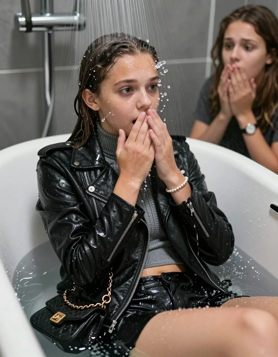 photo of young woman, in soaking wet, drenched clothes,
, , Black biker leatherjacket, knit turtleneck sweater belly free, handbag, pearl necklace, bracelet, wristwatch, 15-year-old teenage Girl relaxing directly under a heavy powerful stream of water in a bathtube of a modern bathroom, a shocked friend sits beside the tube and watching her, 
enjoying, wet clothes stuck to body,
detailed textures of the wet clothes, wet face, wet plastered hair,
wet, drenched, professional, high-quality details, full body view.
sharp focus, ultra-high pixel detail, realistic, high-quality, full colors, incredibly detailed, 4k, 8k, 16k, hyper-realistic, RAW photo, masterpiece, ultra-detailed, professionally color graded, professional photograph, Behind view: 15-year-old teenage girl.
wet plastered hair. Sleek long straight hair.

Only head and shoulders are over the surface visible. Looking slightly away. The water splashes directly into her face. Hold her hand on her mouth.  open mouth, big eyes.

The girls wear different clothes.

she is completely underwater up to her neck, afraid and astonished expression. 

her clothing is soaking wet and clinging tightly to her skin, showing heavy wet folds, darkened fabric texture, and deep water-saturated Patches, her clothes are heavy from the water, water runs from her body and her clothes in streams. A lot of water also runs out of her clothes. Her clothes are darkened by the water. Her submerged clothes are good visible under the water.  she soaked her handbag into the water.

close up view, wet skin, wet clothes, wet hair, damp fabric, water runs down the clothes, wet skin, wet clothes, damp fabric. cinematic medium shot, hyper-realistic wetness, high-contrast water sheen, sharp focus, 16k resolution, professional photography, realistic water physics., wet skin, wet clothes, damp fabric, wet skin, wet clothes, damp fabric, wet skin, wet clothes, damp fabric, wet skin, wet clothes, damp fabric, wet skin, wet clothes, damp fabric, wet skin, wet clothes, damp fabric