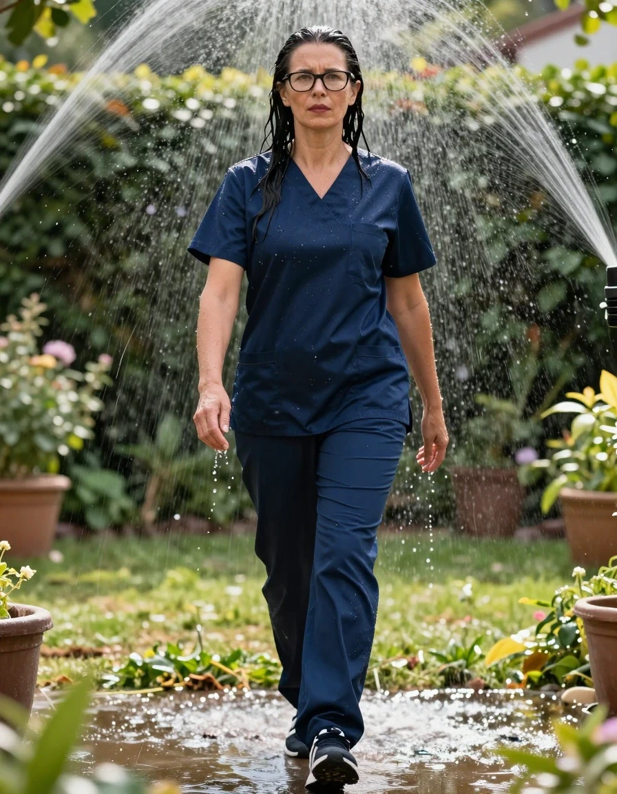 photo of young woman, in soaking wet, drenched clothes,
adidas shoes, wet dark blue scrubs, wet dark blue scrubs , walkin after bath in sunny garden under sprinklers, enjoying wet clothes stuck body, enjoying, wet clothes stuck to body, 
enjoying, wet clothes stuck to body,
detailed textures of the wet clothes, wet face, wet plastered hair,
wet, drenched, professional, high-quality details, full body view.
sharp focus, ultra-high pixel detail, realistic, high-quality, full colors, incredibly detailed, 4k, 8k, 16k, hyper-realistic, RAW photo, masterpiece, ultra-detailed, professionally color graded, professional photograph, europen brunette skinny woman 50 years old, long dark black hair, very big and thick lips,  office glasses, complete body, wet skin, wet clothes, damp fabric, wet skin, wet clothes, damp fabric, wet skin, wet clothes, damp fabric, wet skin, wet clothes, damp fabric, wet skin, wet clothes, damp fabric, wet skin, wet clothes, damp fabric, wet skin, wet clothes, damp fabric