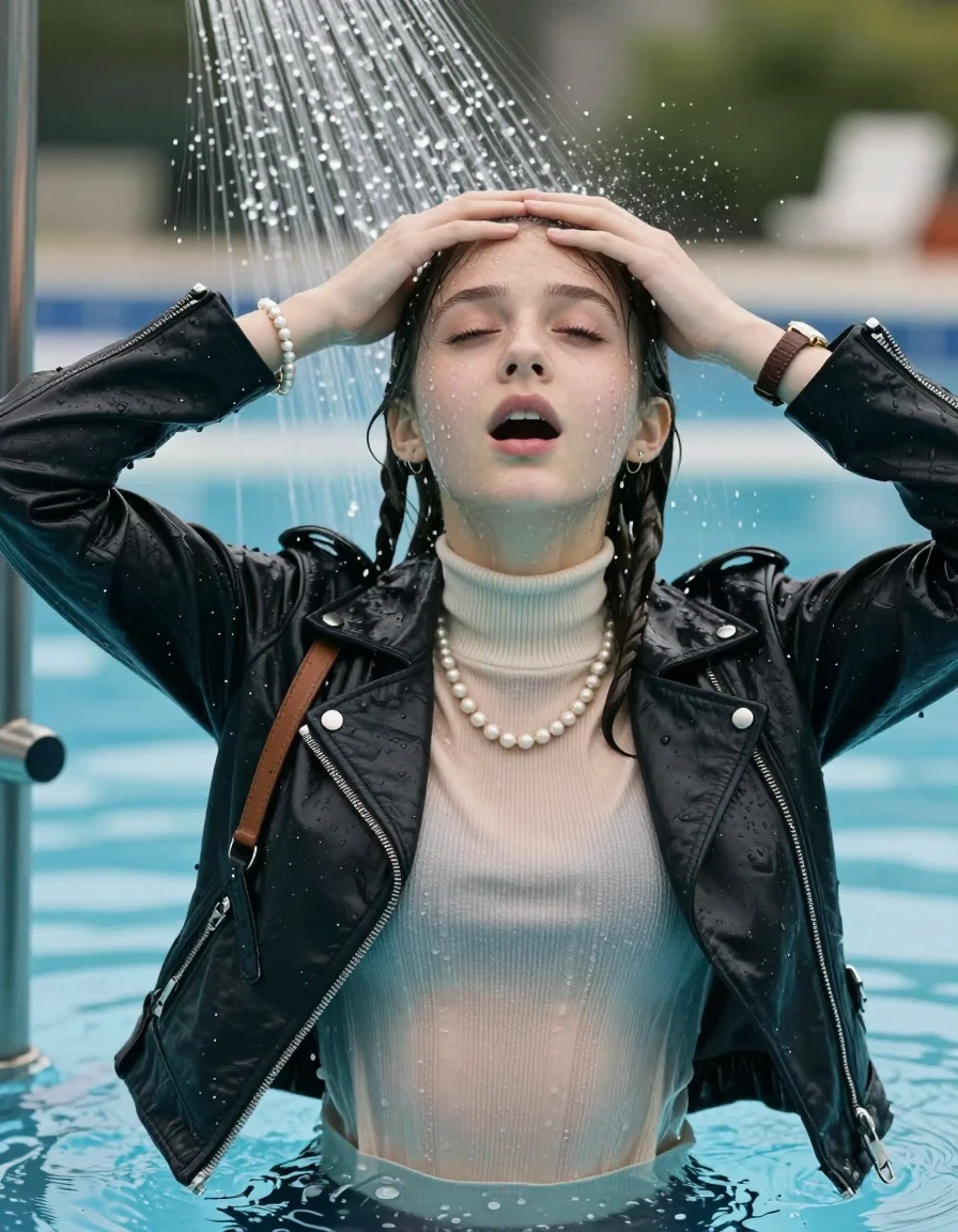 photo of young woman, in soaking wet, drenched clothes,
, , Biker leatherjacket, Tight knit turtleneck sweater belly free, handbag, pearl necklace, bracelet, wristwatch, Under the pool shower, strong jet of water, swimming pool, 
enjoying, wet clothes stuck to body,
detailed textures of the wet clothes, wet face, wet plastered hair,
wet, drenched, professional, high-quality details, full body view.
sharp focus, ultra-high pixel detail, realistic, high-quality, full colors, incredibly detailed, 4k, 8k, 16k, hyper-realistic, RAW photo, masterpiece, ultra-detailed, professionally color graded, professional photograph, sleek long twisted ponytail

Two 15 years old  teenage girl

Only head and shoulders are over the surface visible. Open mouth, closed eyes. Looking up. Hold her hands over her forehead.

The girls wear different clothes.

she is completely underwater up to her neck, surprised and astonished expression. 

her submerged clothes are hardly vusible under water, she soaked her handbag into the water

close up view, wet skin, wet clothes, wet hair, damp fabric, water runs down the clothes, wet skin, wet clothes, damp fabric., wet skin, wet clothes, damp fabric, wet skin, wet clothes, damp fabric, wet skin, wet clothes, damp fabric, wet skin, wet clothes, damp fabric, wet skin, wet clothes, damp fabric, wet skin, wet clothes, damp fabric, wet skin, wet clothes, damp fabric, wet skin, wet clothes, damp fabric, wet skin, wet clothes, damp fabric