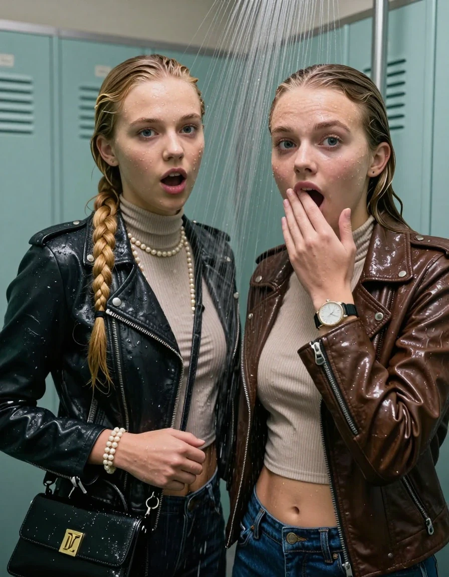 photo of young woman, in soaking wet, drenched clothes,
, , Biker leatherjacket, Tight knit turtleneck sweater belly free, handbag, pearl necklace, bracelet, wristwatch, Under the shower, strong jet of water, lokker room, 
enjoying, wet clothes stuck to body,
detailed textures of the wet clothes, wet face, wet plastered hair,
wet, drenched, professional, high-quality details, full body view.
sharp focus, ultra-high pixel detail, realistic, high-quality, full colors, incredibly detailed, 4k, 8k, 16k, hyper-realistic, RAW photo, masterpiece, ultra-detailed, professionally color graded, professional photograph, blonde sleek long twisted ponytail

Two 15 years old  teenage girl

Only head and shoulders are over the surface visible. Open mouth, big eyes. Looking at camera. Hold her hand in front of her mouth.

The girls wear different clothes.

she is completely underwater up to her neck, surprised and astonished expression. 

her submerged clothes are hardly vusible under water, she soaked her handbag into the water

close up view, wet skin, wet clothes, wet hair, damp fabric, water runs down the clothes, wet skin, wet clothes, damp fabric., wet skin, wet clothes, damp fabric, wet skin, wet clothes, damp fabric, wet skin, wet clothes, damp fabric, wet skin, wet clothes, damp fabric, wet skin, wet clothes, damp fabric, wet skin, wet clothes, damp fabric, wet skin, wet clothes, damp fabric, wet skin, wet clothes, damp fabric, wet skin, wet clothes, damp fabric