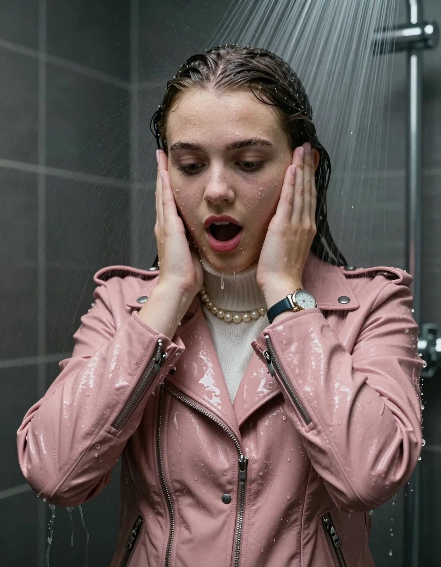 photo of young woman, in soaking wet, drenched clothes,
, , Light pink Biker leatherjacket, white knit turtleneck sweater, handbag, pearl necklace, bracelet, wristwatch, Under the shower, strong jet of water, party room, 
enjoying, wet clothes stuck to body,
detailed textures of the wet clothes, wet face, wet plastered hair,
wet, drenched, professional, high-quality details, full body view.
sharp focus, ultra-high pixel detail, realistic, high-quality, full colors, incredibly detailed, 4k, 8k, 16k, hyper-realistic, RAW photo, masterpiece, ultra-detailed, professionally color graded, professional photograph, sleek long straight hair

 15 years old  school girl

Only head and shoulders are over the surface visible. Open mouth, big eyes. Looking down. Hold her hands on her face.

The girls wear different clothes.

she is completely underwater up to her neck, surprised and astonished expression. 

her clothing is soaking wet and clinging tightly to her skin, showing heavy wet folds, darkened fabric texture, and deep water-saturated Patches, her clothes are heavy from the water, water runs from her body and her clothes in streams. A lot of water also runs out of her clothes. Her clothes are darkened by the water. Her submerged clothes are good visible under the water.  she soaked her handbag into the water.

close up view, wet skin, wet clothes, wet hair, damp fabric, water runs down the clothes, wet skin, wet clothes, damp fabric. cinematic medium shot, hyper-realistic wetness, high-contrast water sheen, sharp focus, 16k resolution, professional photography, realistic water physics., wet skin, wet clothes, damp fabric, wet skin, wet clothes, damp fabric, wet skin, wet clothes, damp fabric