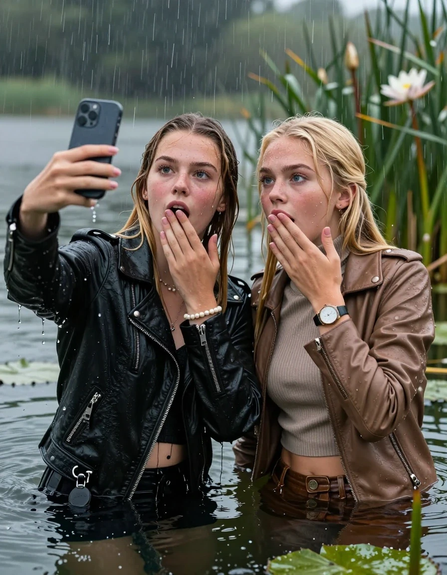 photo of young woman, in soaking wet, drenched clothes,
, , Black Biker leatherjacket and light brown leatherjacket, tight knit turtleneck sweater belly free, handbag, pearl necklace, bracelet, wristwatch, Emerging after diving in a lake with water lilies and reeds, heavy rain falls directely on her heads, 
enjoying, wet clothes stuck to body,
detailed textures of the wet clothes, wet face, wet plastered hair,
wet, drenched, professional, high-quality details, full body view.
sharp focus, ultra-high pixel detail, realistic, high-quality, full colors, incredibly detailed, 4k, 8k, 16k, hyper-realistic, RAW photo, masterpiece, ultra-detailed, professionally color graded, professional photograph, blonde sleek long straight hair and blonde sleek bun

 two 15 years old  teenage girls

Only head and shoulders are over the surface visible. Open mouth, big eyes. Looking at camera. one Hold her hands onver her mouth. one hold one hand on her mouth and take with the other hand a selfie with her smartphone.

The girls wear different clothes.

she is completely underwater up to her neck, horny and astonished expression. 

her clothing is soaking wet and clinging tightly to her skin, showing heavy wet folds, darkened fabric texture, and deep water-saturated Patches, her clothes are heavy from the water, water runs from her body and her clothes in streams. A lot of water also runs out of her clothes. Her clothes are darkened by the water. Her submerged clothes are good visible under the water.  she soaked her handbag into the water.

close up view, wet skin, wet clothes, wet hair, damp fabric, water runs down the clothes, wet skin, wet clothes, damp fabric. cinematic medium shot, hyper-realistic wetness, high-contrast water sheen, sharp focus, 16k resolution, professional photography, realistic water physics., wet skin, wet clothes, damp fabric, wet skin, wet clothes, damp fabric, wet skin, wet clothes, damp fabric