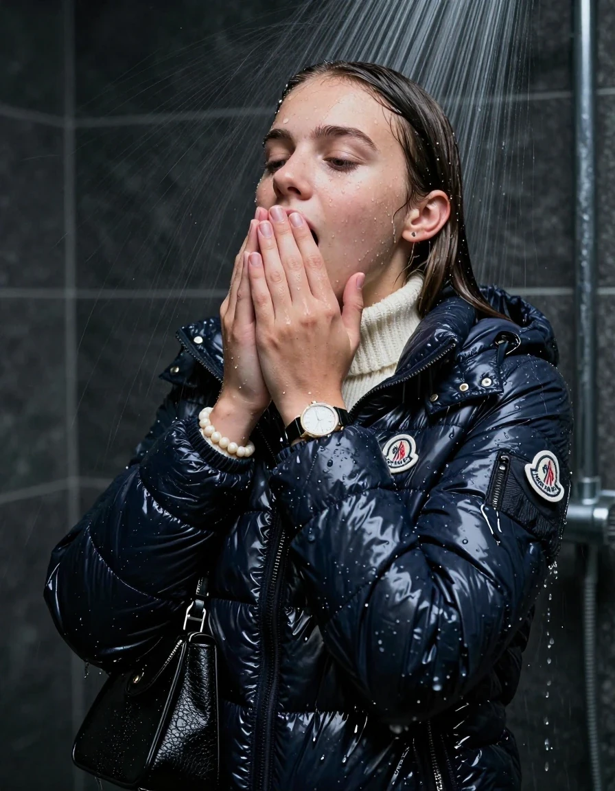 photo of young woman, in soaking wet, drenched clothes,
, , Moncler shiny puffer down jacket , white knit turtleneck sweater, handbag, pearl necklace, bracelet, wristwatch, Under the shower, strong jet of water, party room, 
enjoying, wet clothes stuck to body,
detailed textures of the wet clothes, wet face, wet plastered hair,
wet, drenched, professional, high-quality details, full body view.
sharp focus, ultra-high pixel detail, realistic, high-quality, full colors, incredibly detailed, 4k, 8k, 16k, hyper-realistic, RAW photo, masterpiece, ultra-detailed, professionally color graded, professional photograph, sleek long straight hair

 15 years old  school girl

Only head and shoulders are over the surface visible. Open mouth, closed eyes. Looking up. Hold her hands on her mouth.

The girls wear different clothes.

she is completely underwater up to her neck, surprised and astonished expression. 

her clothing is soaking wet and clinging tightly to her skin, showing heavy wet folds, darkened fabric texture, and deep water-saturated Patches, her clothes are heavy from the water, water runs from her body and her clothes in streams. A lot of water also runs out of her clothes. Her clothes are darkened by the water. Her submerged clothes are good visible under the water.  she soaked her handbag into the water.

close up view, wet skin, wet clothes, wet hair, damp fabric, water runs down the clothes, wet skin, wet clothes, damp fabric. cinematic medium shot, hyper-realistic wetness, high-contrast water sheen, sharp focus, 16k resolution, professional photography, realistic water physics., wet skin, wet clothes, damp fabric, wet skin, wet clothes, damp fabric, wet skin, wet clothes, damp fabric