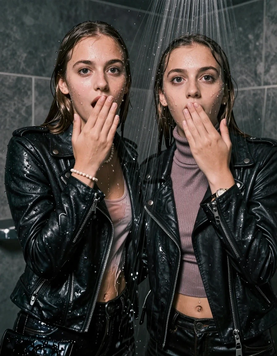 photo of young woman, in soaking wet, drenched clothes,
, , Biker leatherjacket, Tight knit turtleneck sweater belly free, handbag, pearl necklace, bracelet, wristwatch, Under the shower, strong jet of water, party room, 
enjoying, wet clothes stuck to body,
detailed textures of the wet clothes, wet face, wet plastered hair,
wet, drenched, professional, high-quality details, full body view.
sharp focus, ultra-high pixel detail, realistic, high-quality, full colors, incredibly detailed, 4k, 8k, 16k, hyper-realistic, RAW photo, masterpiece, ultra-detailed, professionally color graded, professional photograph, sleek long straight hair

Two 15 years old  teenage girl

Only head and shoulders are over the surface visible. Open mouth, big eyes. Looking at camera. Hold her hand on her mouth.

The girls wear different clothes.

she is completely underwater up to her neck, shocked and astonished expression. 

her clothing is soaking wet and clinging tightly to her skin, showing heavy wet folds, darkened fabric texture, and deep water-saturated Patches, her clothes are heavy from the water, water runs from her body and her clothes in streams. A lot of water also runs out of her clothes. Her clothes are darkened by the water. Her submerged clothes are good visible under the water.  she soaked her handbag into the water.

close up view, wet skin, wet clothes, wet hair, damp fabric, water runs down the clothes, wet skin, wet clothes, damp fabric. cinematic medium shot, hyper-realistic wetness, high-contrast water sheen, sharp focus, 8k resolution, professional photography, realistic water physics., wet skin, wet clothes, damp fabric