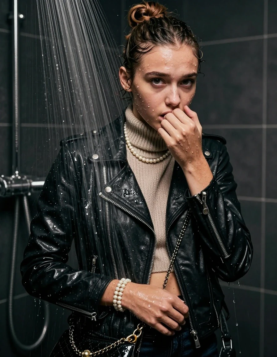 photo of young woman, in soaking wet, drenched clothes,
, , Biker leatherjacket, knit turtleneck sweater belly free, handbag, pearl necklace, bracelet, wristwatch, Under the shower, strong jet of water, party room, 
enjoying, wet clothes stuck to body,
detailed textures of the wet clothes, wet face, wet plastered hair,
wet, drenched, professional, high-quality details, full body view.
sharp focus, ultra-high pixel detail, realistic, high-quality, full colors, incredibly detailed, 4k, 8k, 16k, hyper-realistic, RAW photo, masterpiece, ultra-detailed, professionally color graded, professional photograph, topknot

 15 years old  teenage girl

Only head and shoulders are over the surface visible. Looking at camera. Hold her hand over her mouth.

The girls wear different clothes.

she is completely underwater up to her neck, worried and embarrassed expression. 

her clothing is soaking wet and clinging tightly to her skin, showing heavy wet folds, darkened fabric texture, and deep water-saturated Patches, her clothes are heavy from the water, water runs from her body and her clothes in streams. A lot of water also runs out of her clothes. Her clothes are darkened by the water. Her submerged clothes are good visible under the water.  she soaked her handbag into the water.

close up view, wet skin, wet clothes, wet hair, damp fabric, water runs down the clothes, wet skin, wet clothes, damp fabric. cinematic medium shot, hyper-realistic wetness, high-contrast water sheen, sharp focus, 8k resolution, professional photography, realistic water physics., wet skin, wet clothes, damp fabric, wet skin, wet clothes, damp fabric