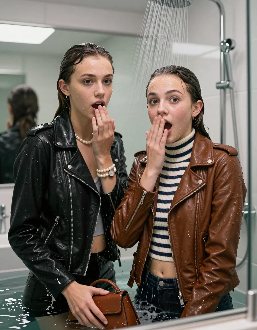 photo of young woman, in soaking wet, drenched clothes,
, , black Biker leatherjacket and brown biker leatherjacket, Tight Striped knit turtleneck sweater belly free, handbag, pearl necklace, bracelet, wristwatch, Under the shower, strong jet of water, modern mirrored bathroom, 
enjoying, wet clothes stuck to body,
detailed textures of the wet clothes, wet face, wet plastered hair,
wet, drenched, professional, high-quality details, full body view.
sharp focus, ultra-high pixel detail, realistic, high-quality, full colors, incredibly detailed, 4k, 8k, 16k, hyper-realistic, RAW photo, masterpiece, ultra-detailed, professionally color graded, professional photograph, sleek long twisted ponytail

Two 15 years old  teenage girl

Only head and shoulders are over the surface visible. Open mouth, big eyes. Looking at camera. Hold a hand on her mouth.

she is completely underwater up to her neck, surprised and astonished expression. 

her submerged clothes are hardly vusible under water, she soaked her handbag into the water

close up view, wet skin, wet clothes, wet hair, damp fabric, water runs down the clothes, wet skin, wet clothes, damp fabric., wet skin, wet clothes, damp fabric, wet skin, wet clothes, damp fabric, wet skin, wet clothes, damp fabric, wet skin, wet clothes, damp fabric, wet skin, wet clothes, damp fabric, wet skin, wet clothes, damp fabric, wet skin, wet clothes, damp fabric, wet skin, wet clothes, damp fabric, wet skin, wet clothes, damp fabric