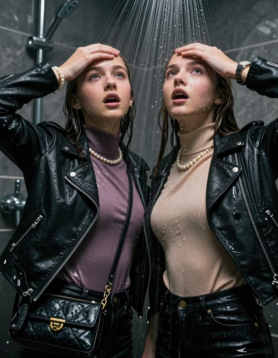 photo of young woman, in soaking wet, drenched clothes,
, , Biker leatherjacket, Tight knit turtleneck sweater belly free, handbag, pearl necklace, bracelet, wristwatch, Under the shower, strong jet of water, party room, 
enjoying, wet clothes stuck to body,
detailed textures of the wet clothes, wet face, wet plastered hair,
wet, drenched, professional, high-quality details, full body view.
sharp focus, ultra-high pixel detail, realistic, high-quality, full colors, incredibly detailed, 4k, 8k, 16k, hyper-realistic, RAW photo, masterpiece, ultra-detailed, professionally color graded, professional photograph, sleek long straight hair

Two 15 years old  teenage girl

Only head and shoulders are over the surface visible. Open mouth, closed eyes. Looking up. Hold her hands on her forehead.

The girls wear different clothes.

she is completely underwater up to her neck, shocked and astonished expression. 

her clothing is soaking wet and clinging tightly to her skin, showing heavy wet folds, darkened fabric texture, and deep water-saturated Patches, her clothes are heavy from the water, water runs from her body and her clothes in streams. A lot of water also runs out of her clothes. Her clothes are darkened by the water. Her submerged clothes are good visible under the water.  she soaked her handbag into the water.

close up view, wet skin, wet clothes, wet hair, damp fabric, water runs down the clothes, wet skin, wet clothes, damp fabric. cinematic medium shot, hyper-realistic wetness, high-contrast water sheen, sharp focus, 8k resolution, professional photography, realistic water physics., wet skin, wet clothes, damp fabric, wet skin, wet clothes, damp fabric