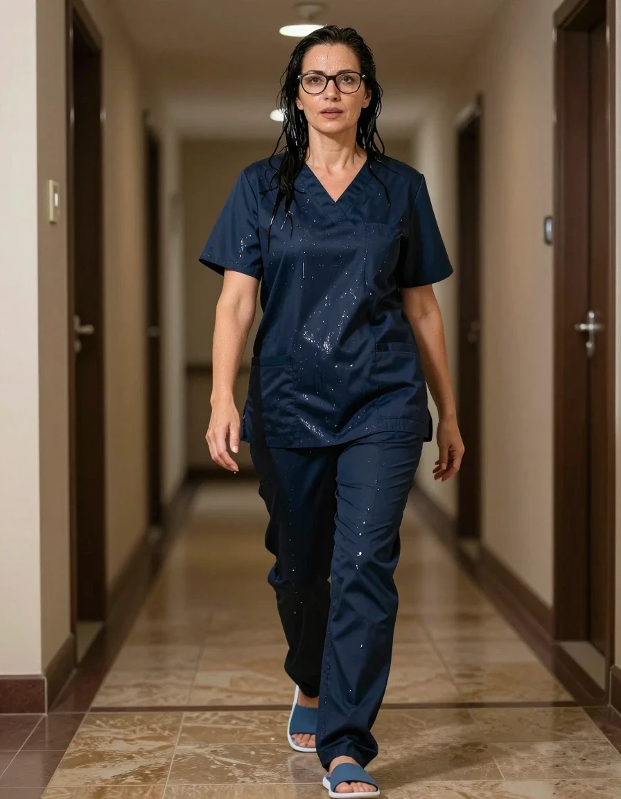 photo of young woman, in soaking wet, drenched clothes,
slippers, dark blue scrubs, dark blue scrubs, walking in hotel, enjoying wet clothes stuck body, enjoying, wet clothes stuck to body, 
enjoying, wet clothes stuck to body,
detailed textures of the wet clothes, wet face, wet plastered hair,
wet, drenched, professional, high-quality details, full body view.
sharp focus, ultra-high pixel detail, realistic, high-quality, full colors, incredibly detailed, 4k, 8k, 16k, hyper-realistic, RAW photo, masterpiece, ultra-detailed, professionally color graded, professional photograph, europen brunette skinny woman 50 years old, long dark black hair, very big and thick lips,  office glasses, complete body, wet skin, wet clothes, damp fabric, wet skin, wet clothes, damp fabric, wet skin, wet clothes, damp fabric, wet skin, wet clothes, damp fabric, wet skin, wet clothes, damp fabric, wet skin, wet clothes, damp fabric, wet skin, wet clothes, damp fabric