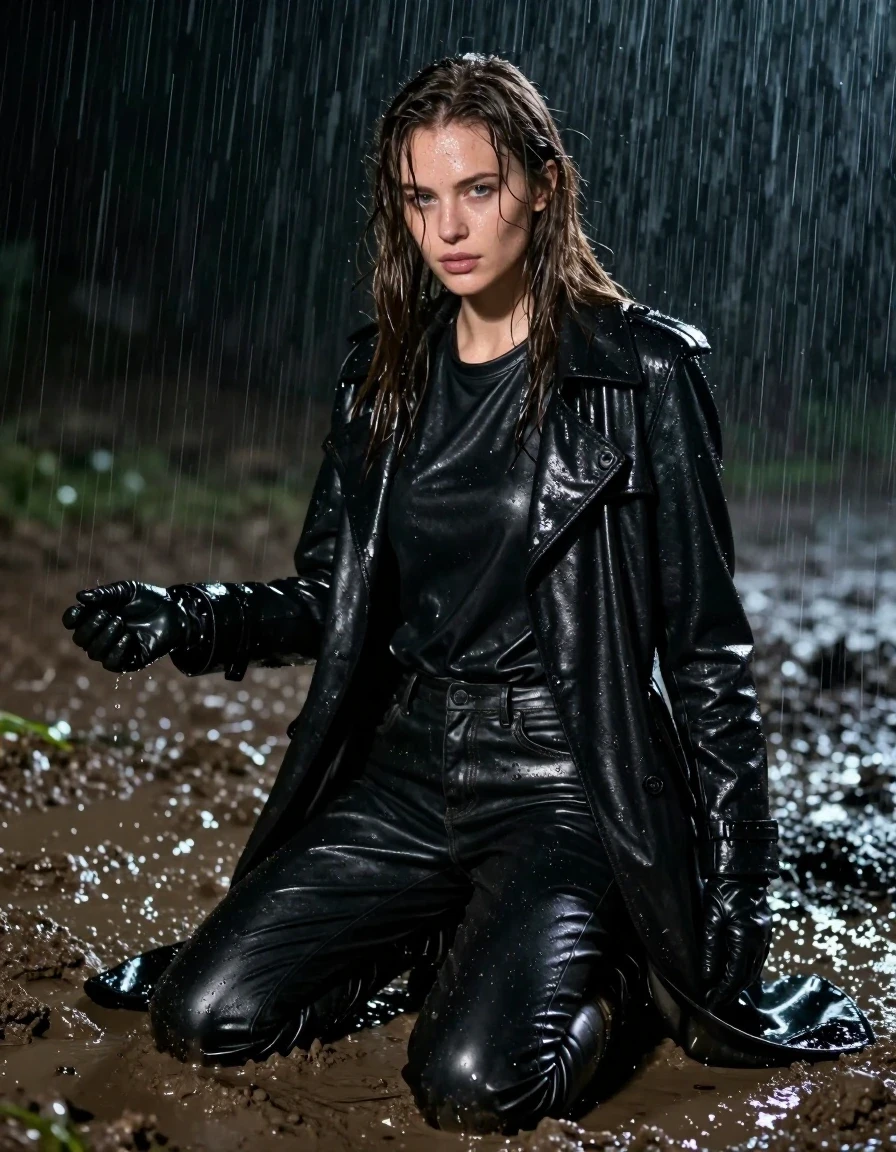 A photorealistic full-body shot of a young adult European woman with long, dripping wet brown hair, kneeling in a deep mud pit at night during a heavy rainstorm. Her skin is glistening with water, and she is wearing an oversize black leather polar neck shirt, black leather gloves, a black leather trench coat, and black leather jeans tucked into black leather knee-high boots. All garments are visibly soaked, with heavy, clinging folds, darkened leather textures, and intense water sheen reflecting the ambient moonlight. The clothing is heavy with water, showing realistic weight and saturated dark tones. The scene is captured with sharp focus, emphasizing the texture of the wet leather, the mud splattered on her clothes, and the heavy rain falling around her. The composition is a cinematic medium-full shot, high contrast, moody atmospheric lighting, professional photography, 8k resolution, highly detailed, clean anatomy, non-nude.